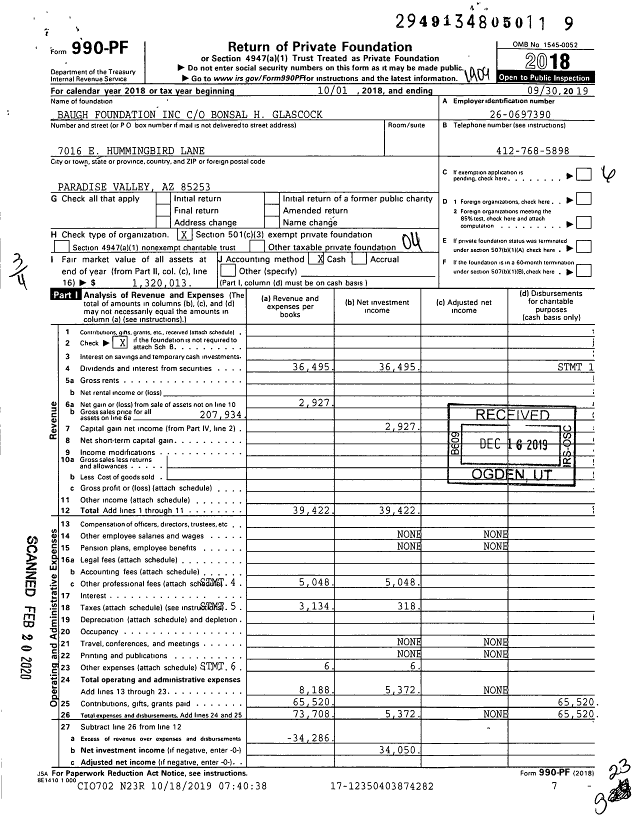 Image of first page of 2018 Form 990PF for Baugh Foundation