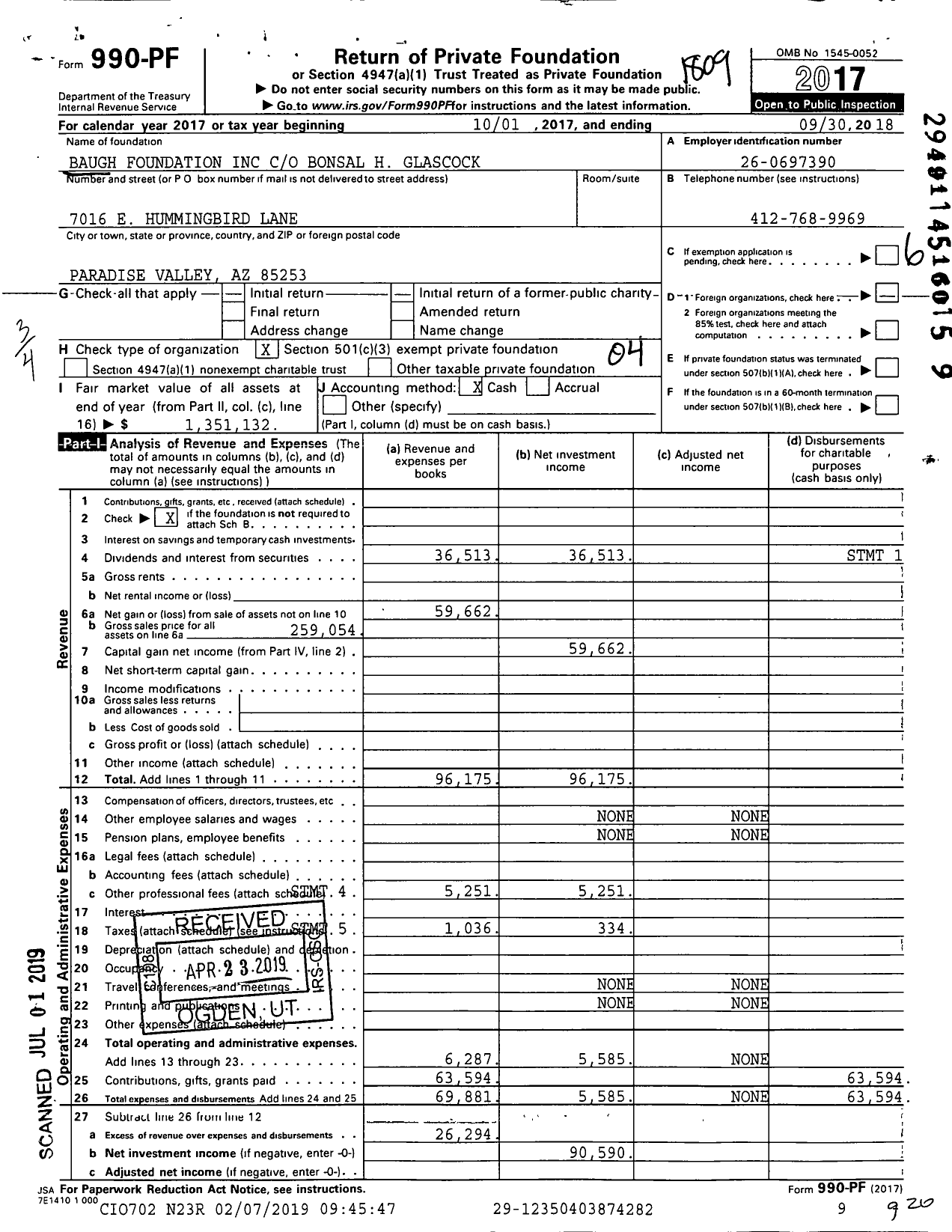 Image of first page of 2017 Form 990PF for Baugh Foundation