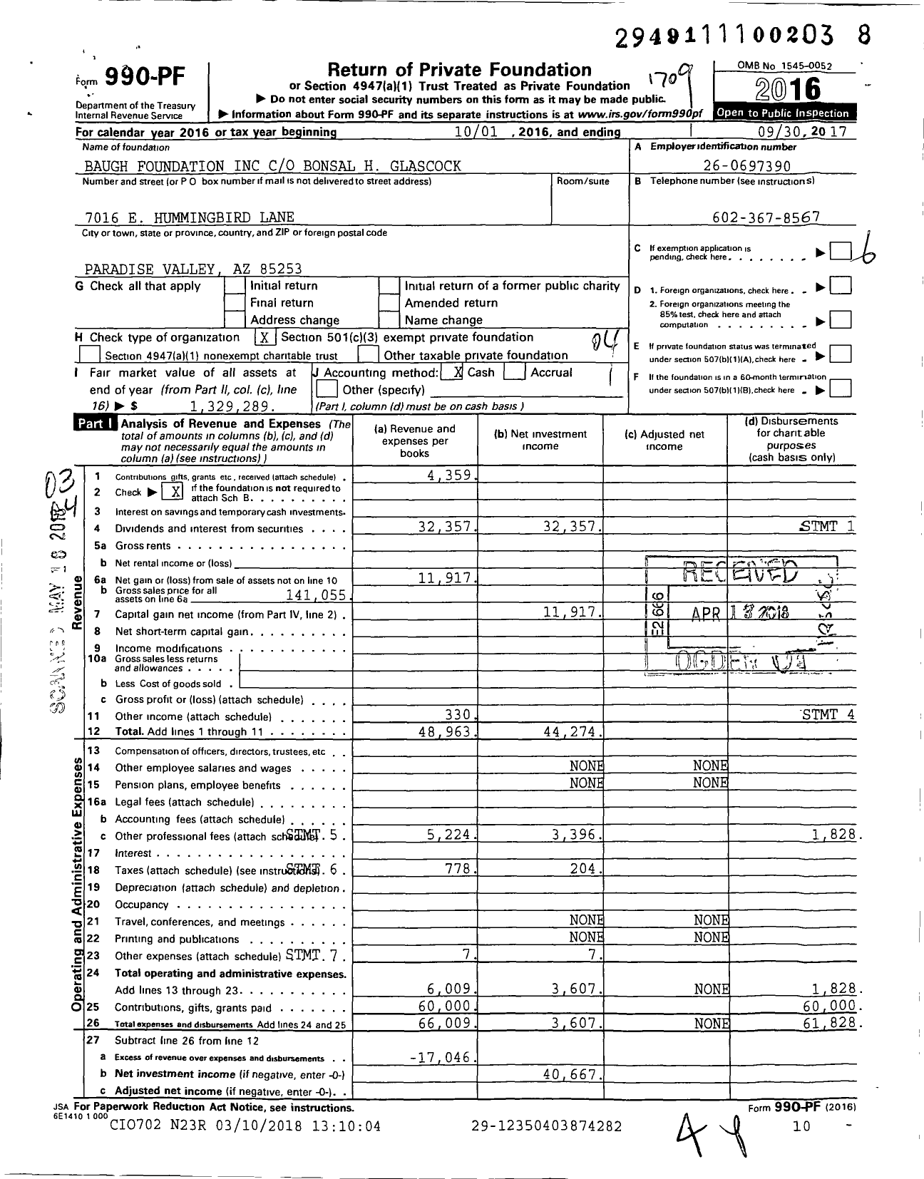 Image of first page of 2016 Form 990PF for Baugh Foundation