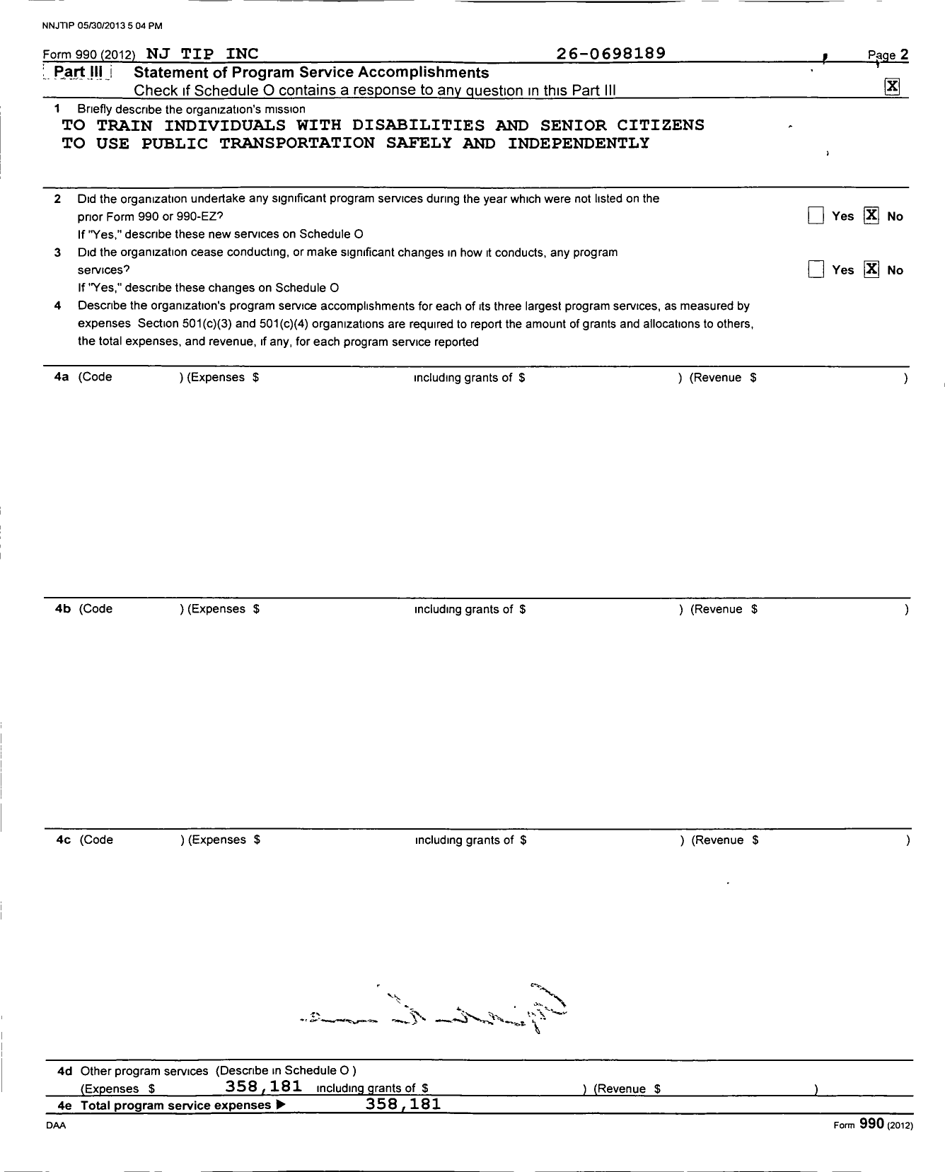 Image of first page of 2012 Form 990 for NJ Tip