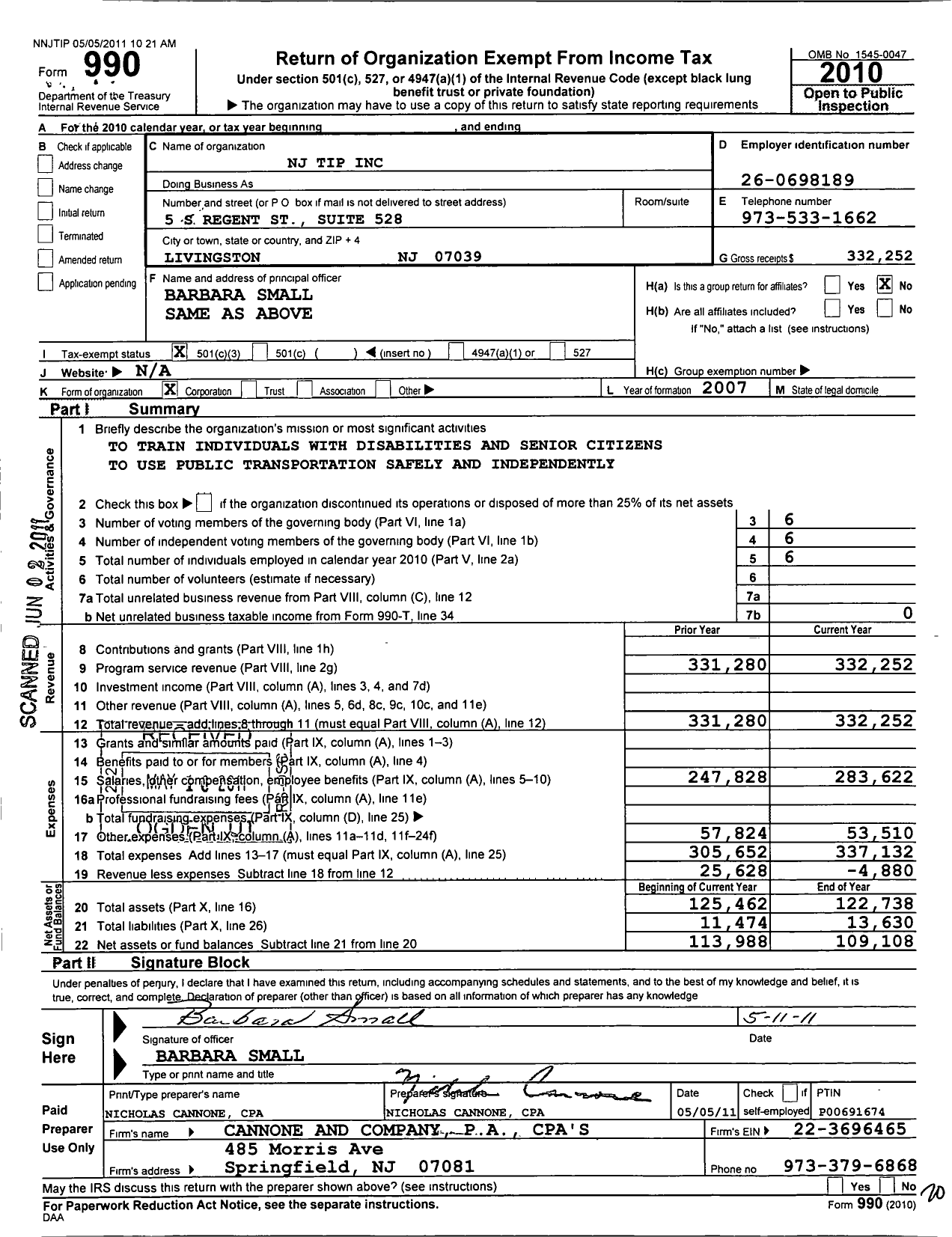 Image of first page of 2010 Form 990 for NJ Tip