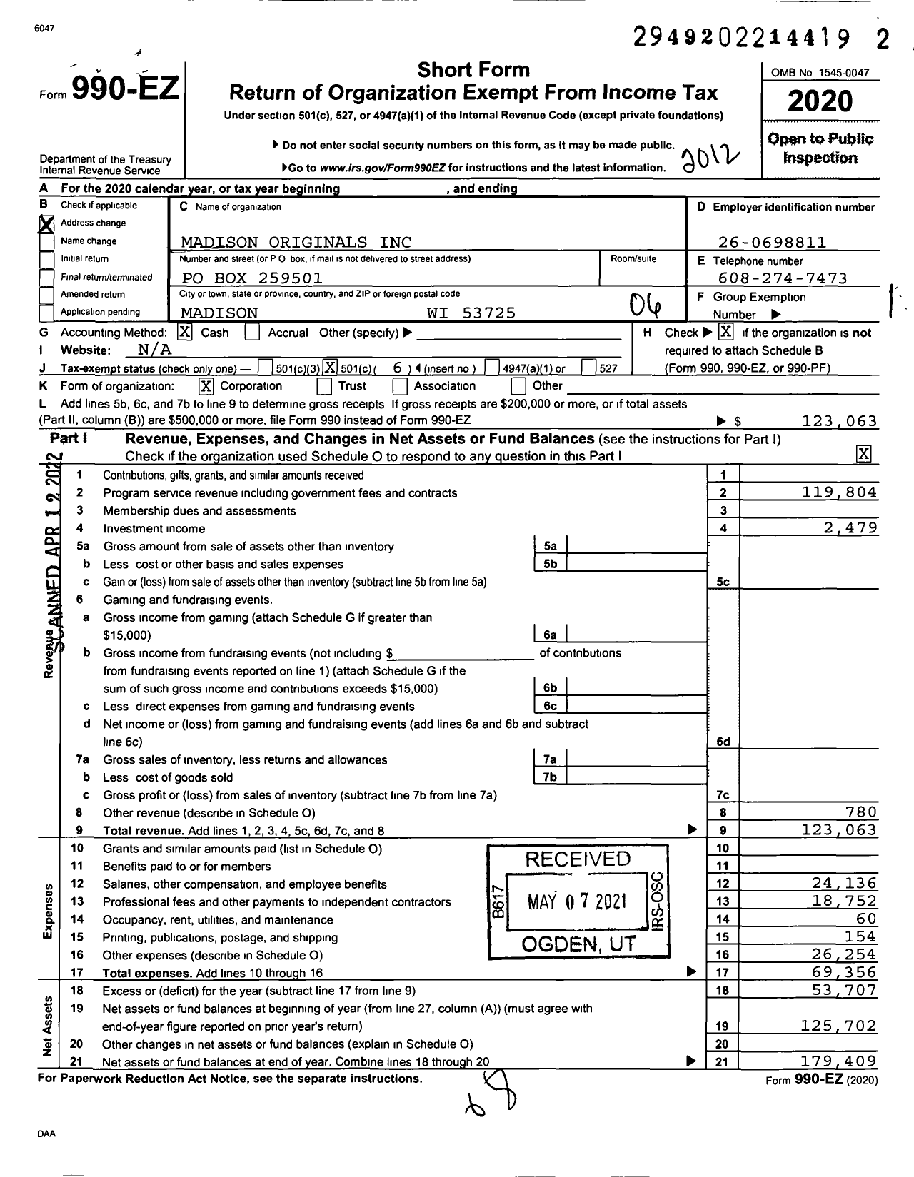 Image of first page of 2020 Form 990EO for Madison Originals