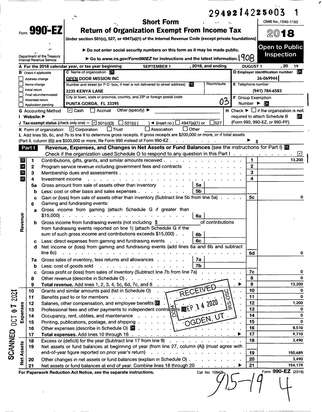 Image of first page of 2018 Form 990EZ for Open Door Mission