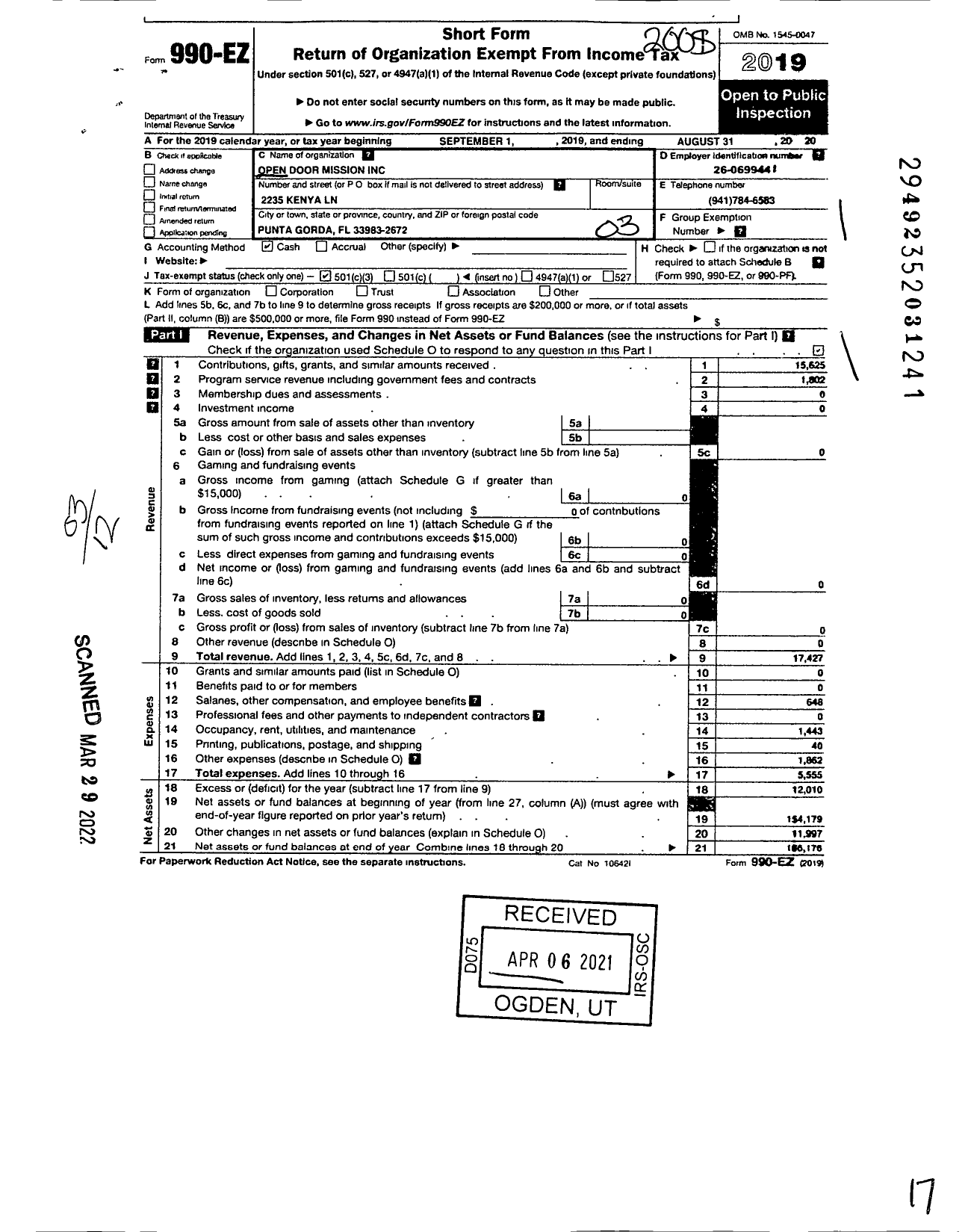 Image of first page of 2019 Form 990EZ for Open Door Mission