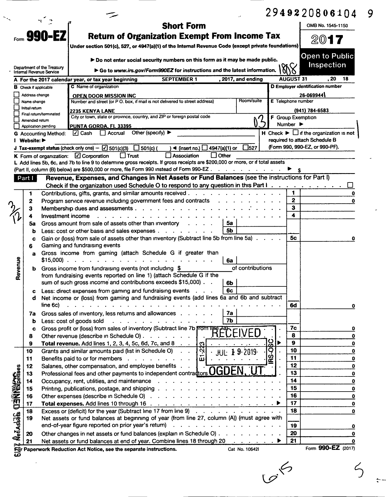 Image of first page of 2017 Form 990EZ for Open Door Mission