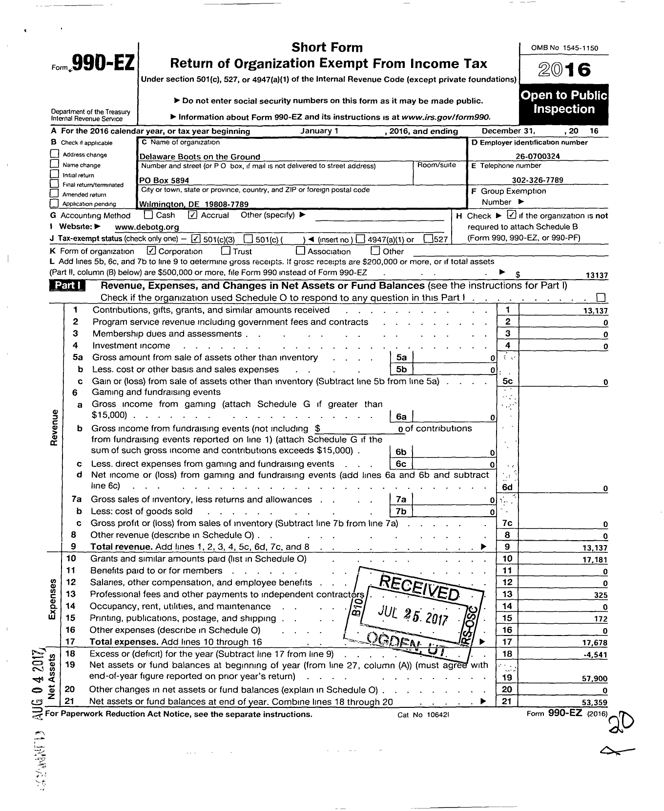 Image of first page of 2016 Form 990EZ for Delaware Boots on the Ground