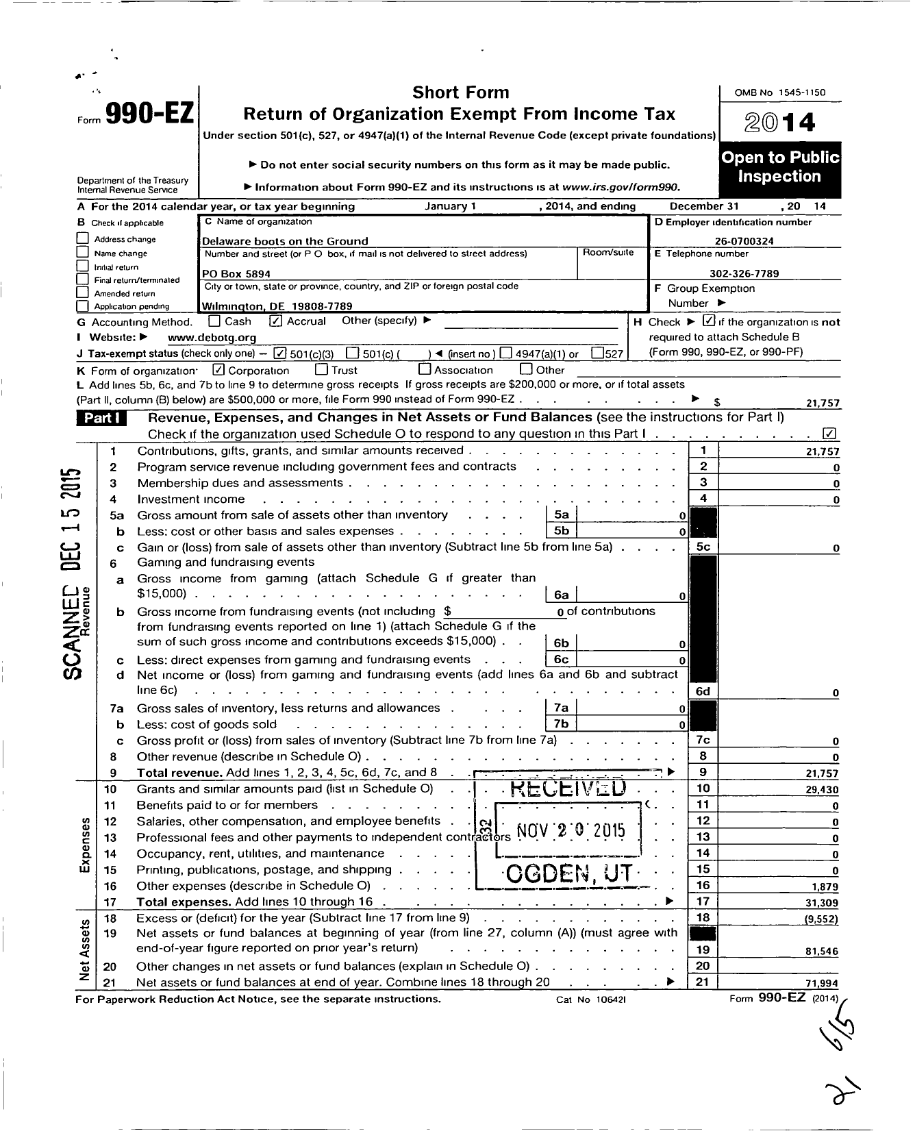 Image of first page of 2014 Form 990EZ for Delaware Boots on the Ground