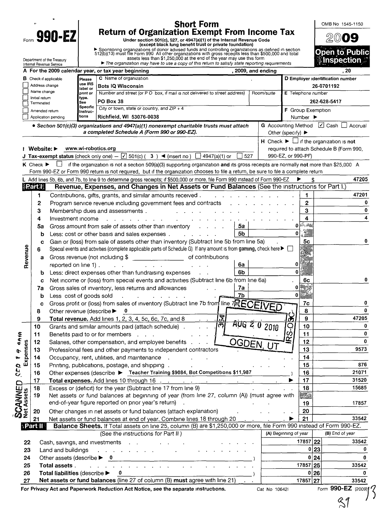 Image of first page of 2009 Form 990EZ for Botsiq Wisconsin