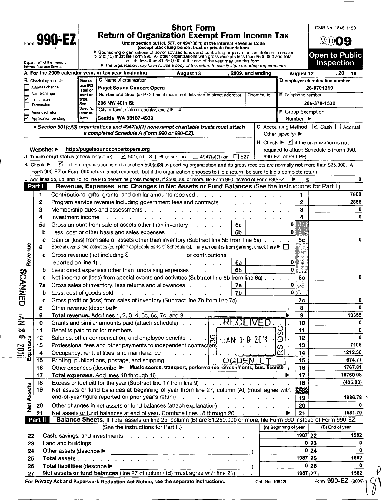 Image of first page of 2009 Form 990EZ for Puget Sound Concert Opera