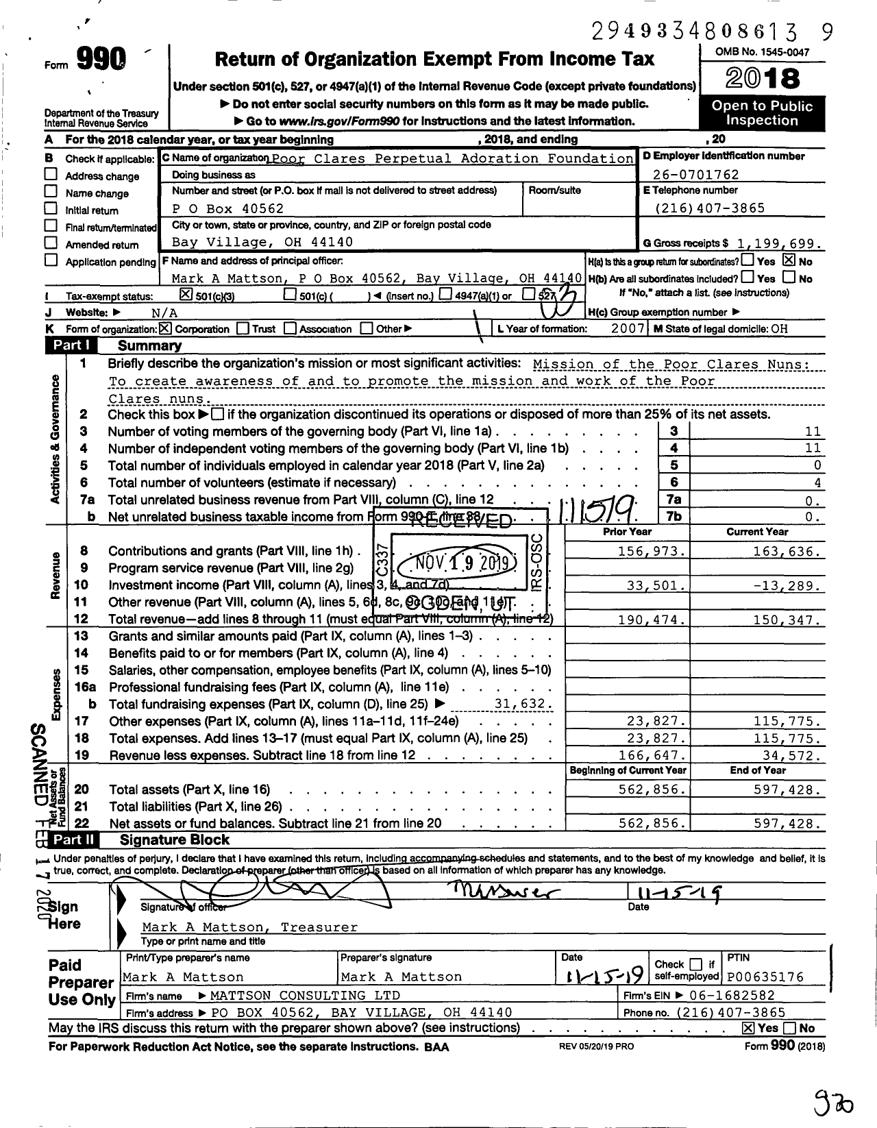 Image of first page of 2018 Form 990 for Poor Clares Perpetual Adoration Foundation of Cleveland Ohio