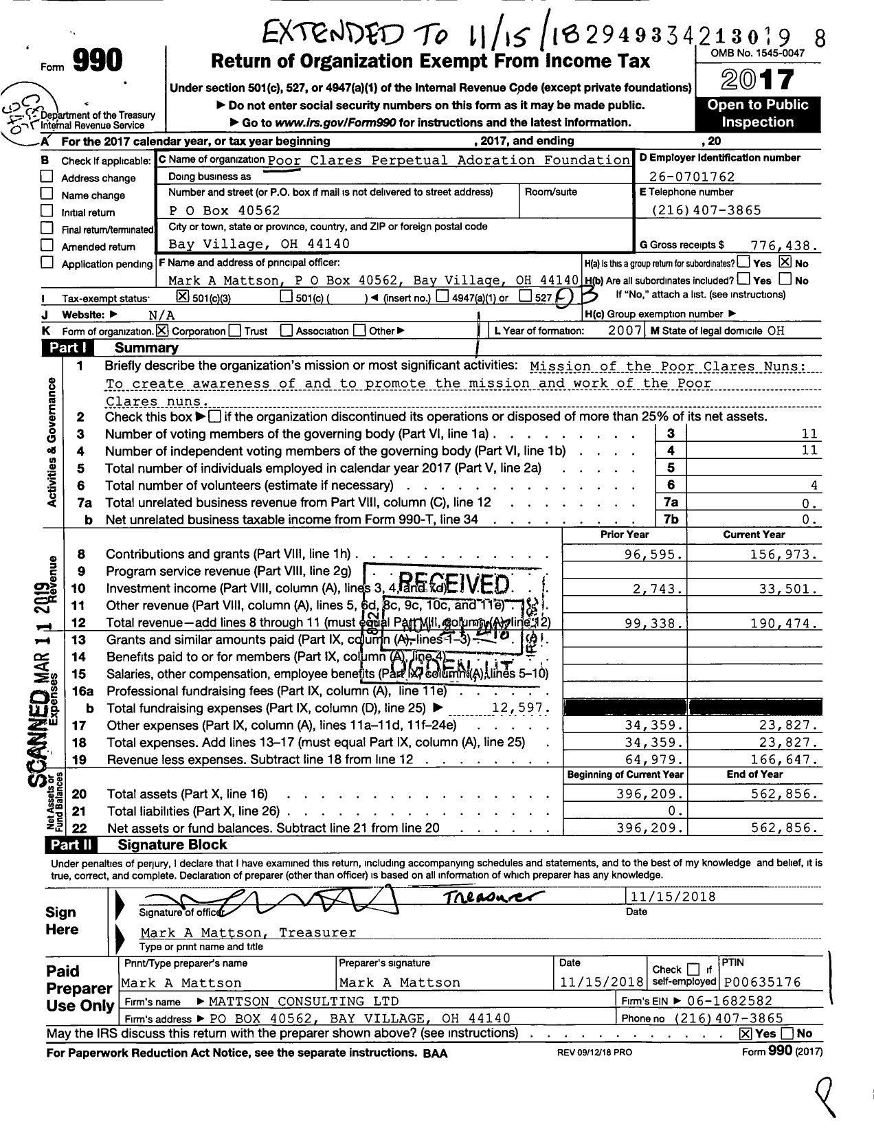 Image of first page of 2017 Form 990 for Poor Clares Perpetual Adoration Foundation of Cleveland Ohio