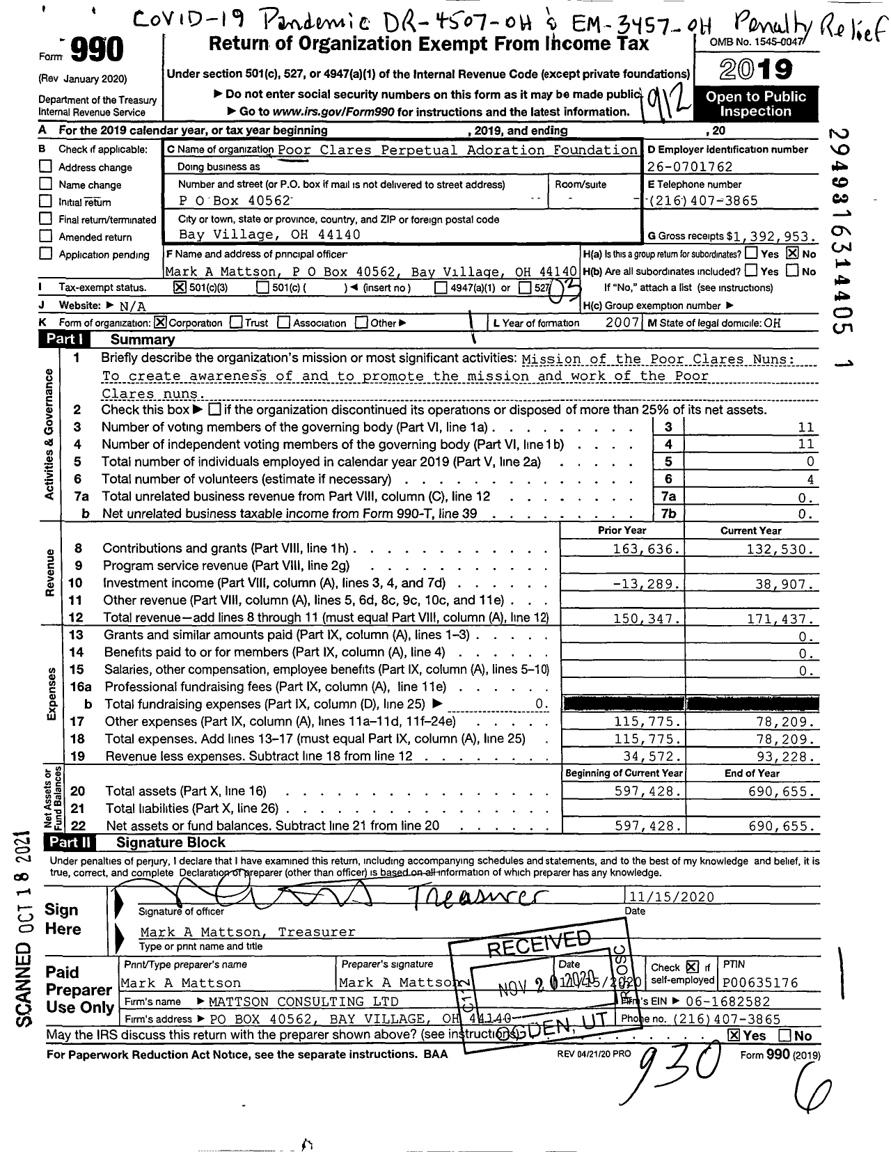 Image of first page of 2019 Form 990 for Poor Clares Perpetual Adoration Foundation of Cleveland Ohio