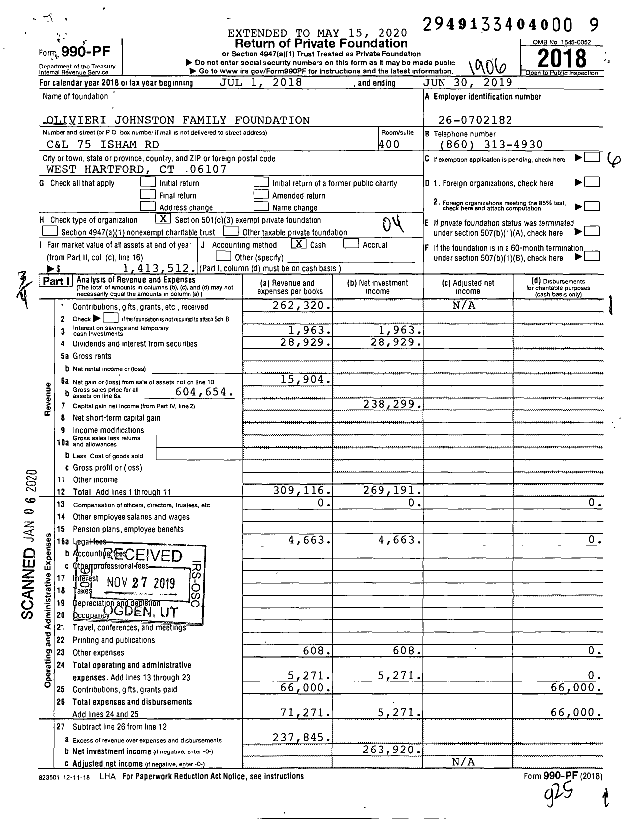 Image of first page of 2018 Form 990PF for Olivieri Johnston Family Foundation