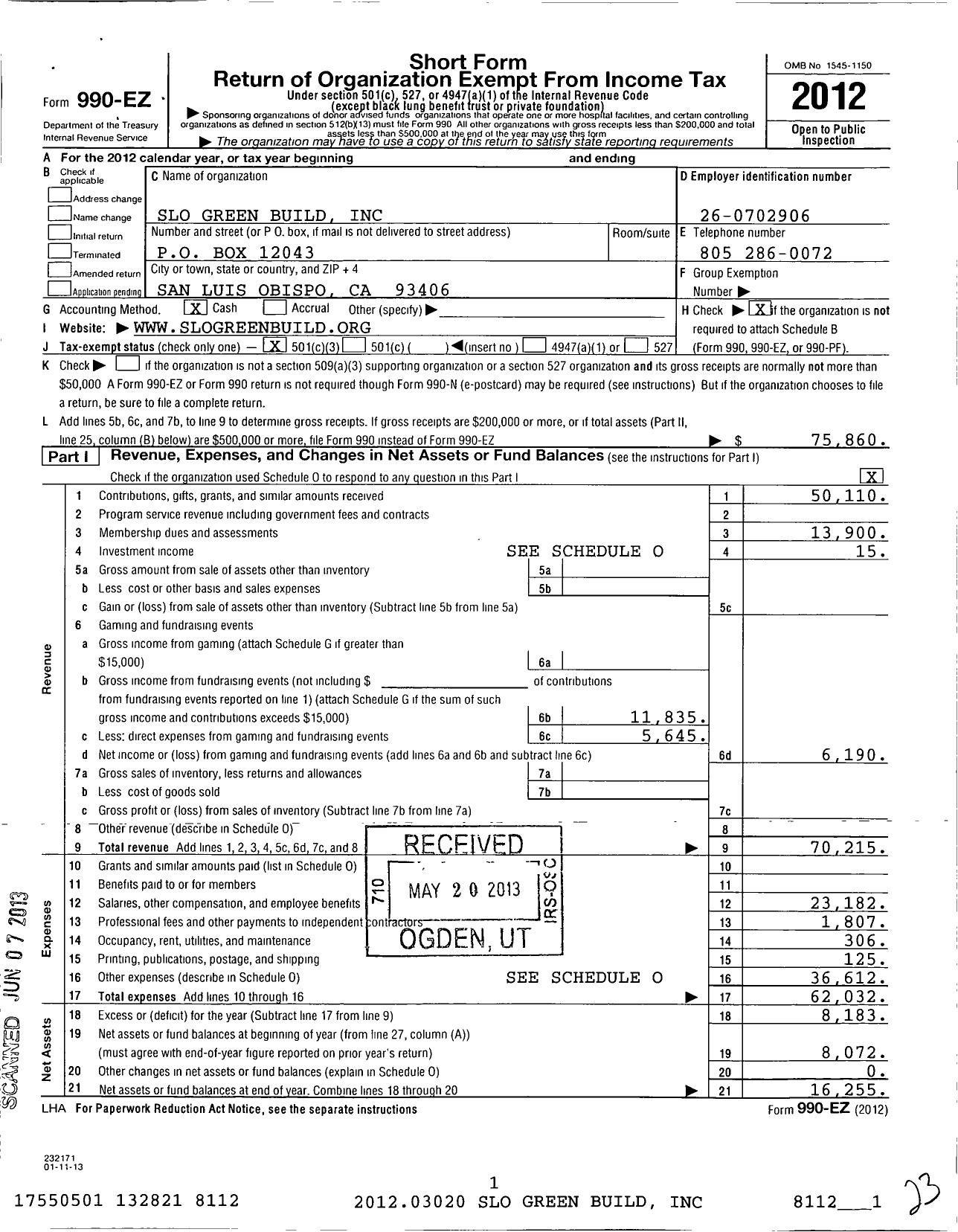 Image of first page of 2012 Form 990EZ for SLO Green Build