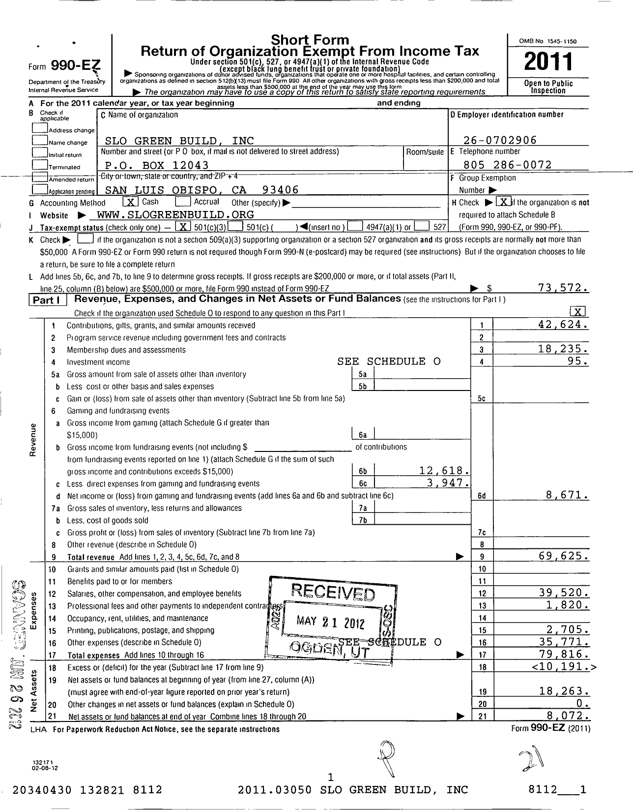 Image of first page of 2011 Form 990EZ for SLO Green Build