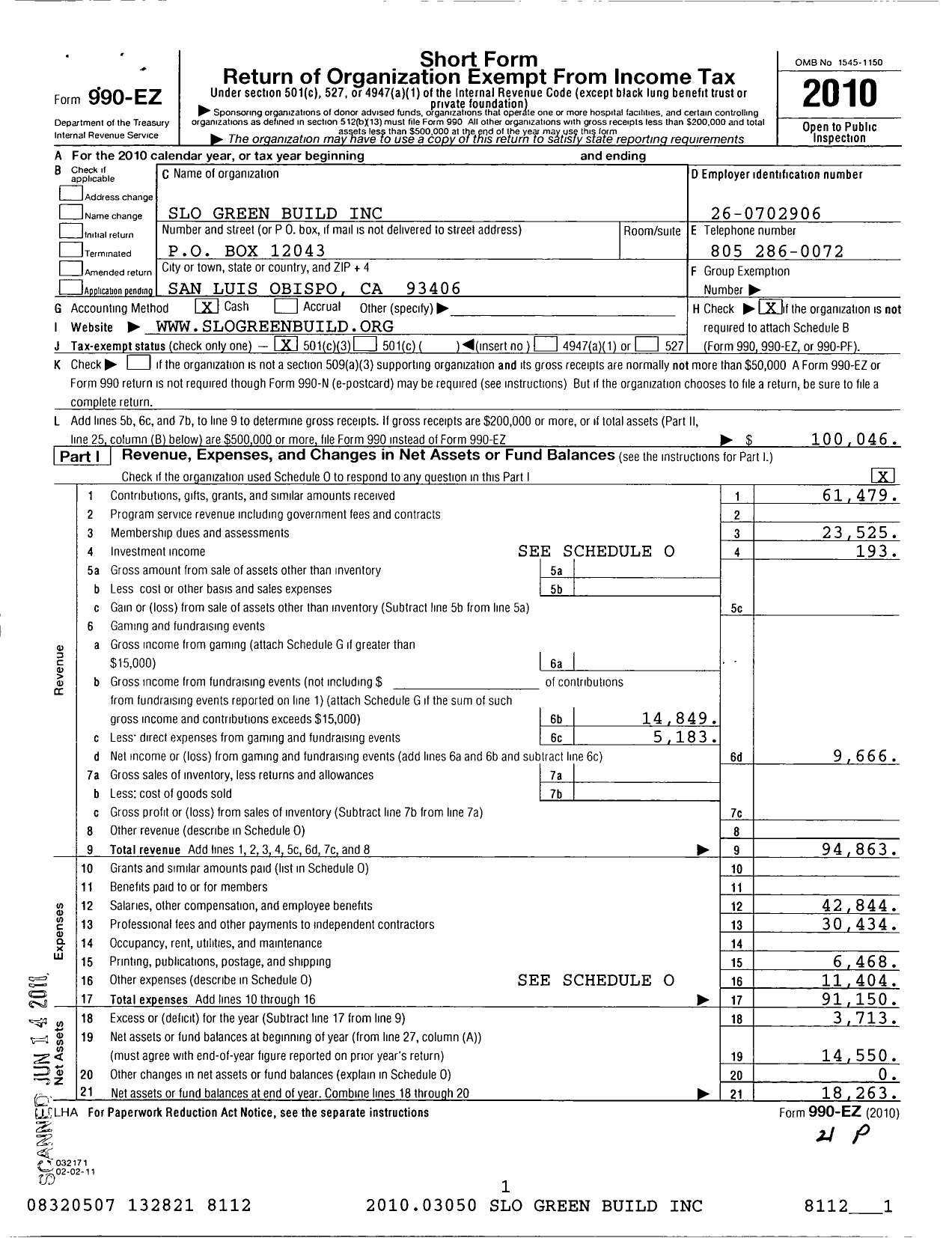 Image of first page of 2010 Form 990EZ for SLO Green Build