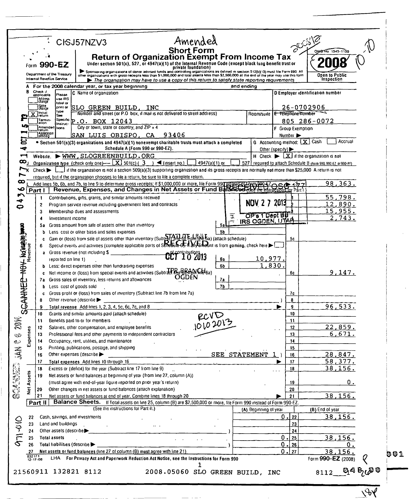 Image of first page of 2008 Form 990EZ for SLO Green Build