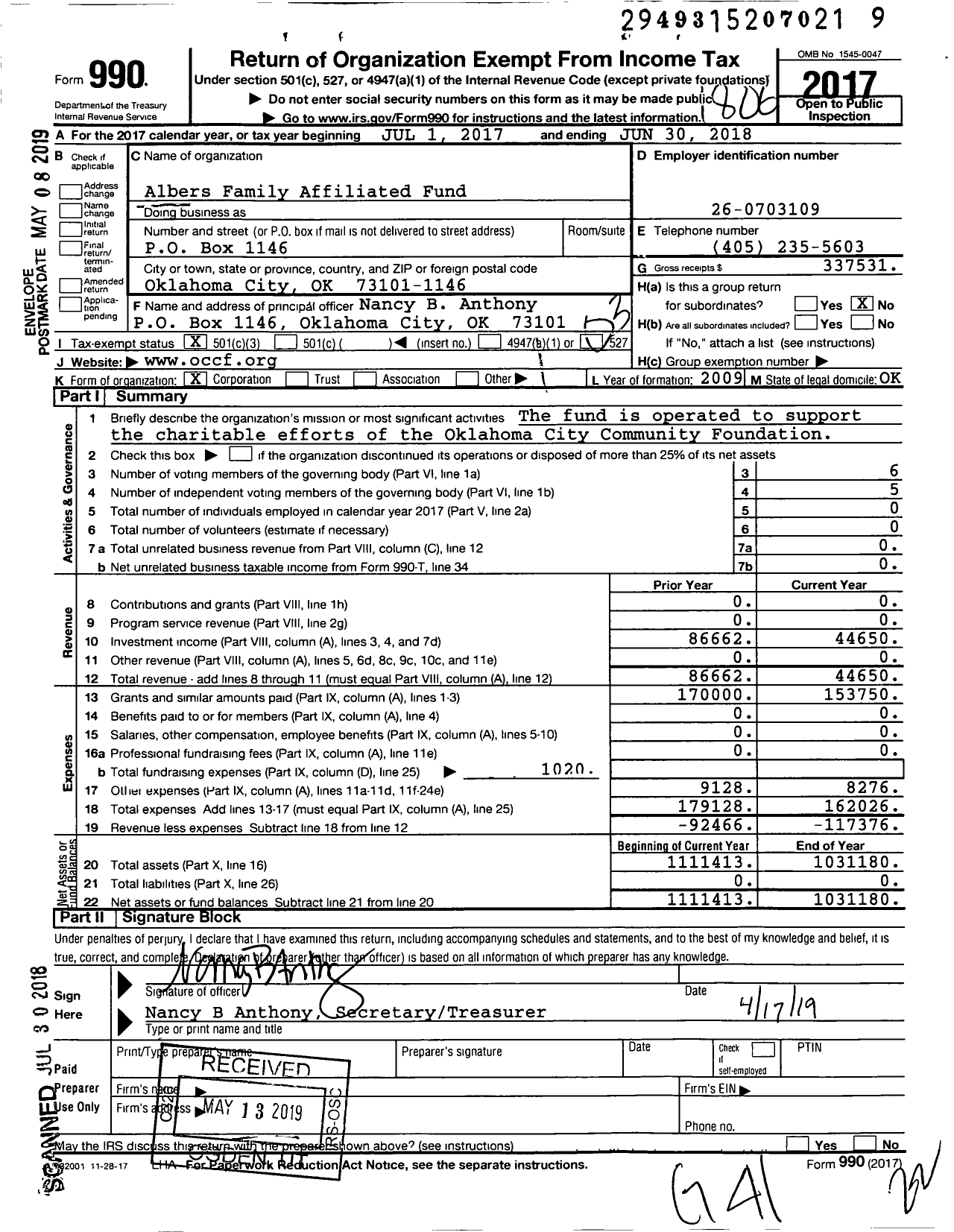Image of first page of 2017 Form 990 for Albers Family Affiliated Fund of OCCF