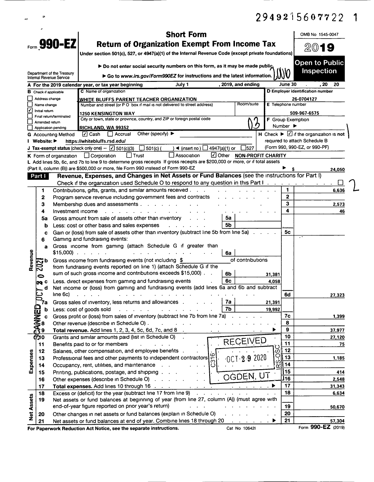 Image of first page of 2019 Form 990EZ for White Bluffs Elementary PTO