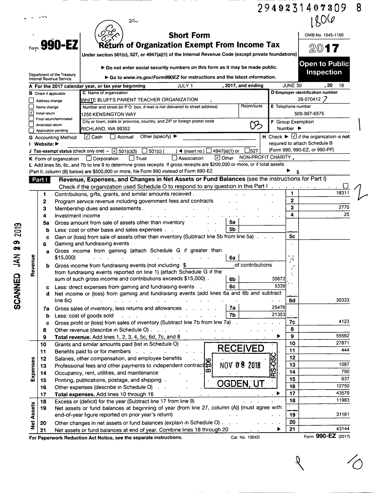 Image of first page of 2017 Form 990EZ for Pto White Bluffs