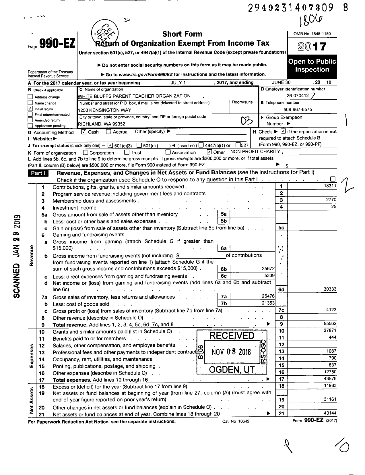 Image of first page of 2017 Form 990EZ for White Bluffs Elementary PTO