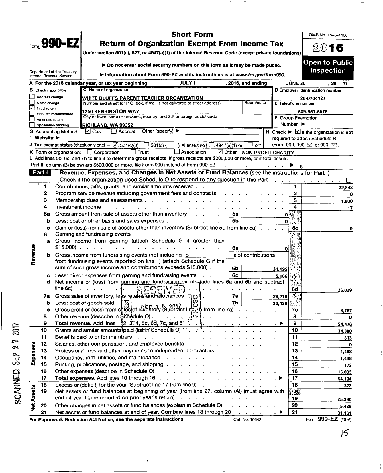 Image of first page of 2016 Form 990EZ for Pto White Bluffs
