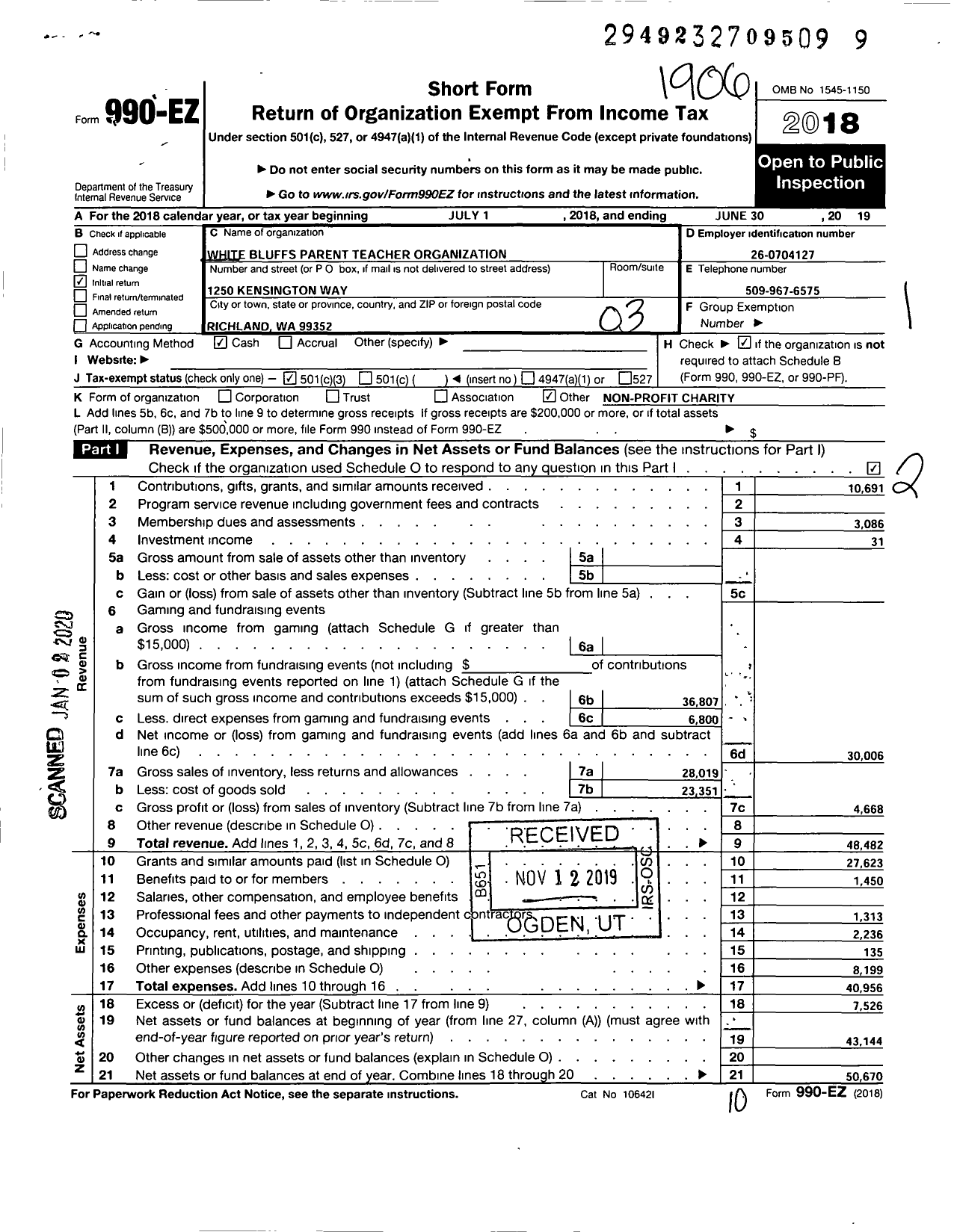 Image of first page of 2018 Form 990EZ for White Bluffs Elementary PTO