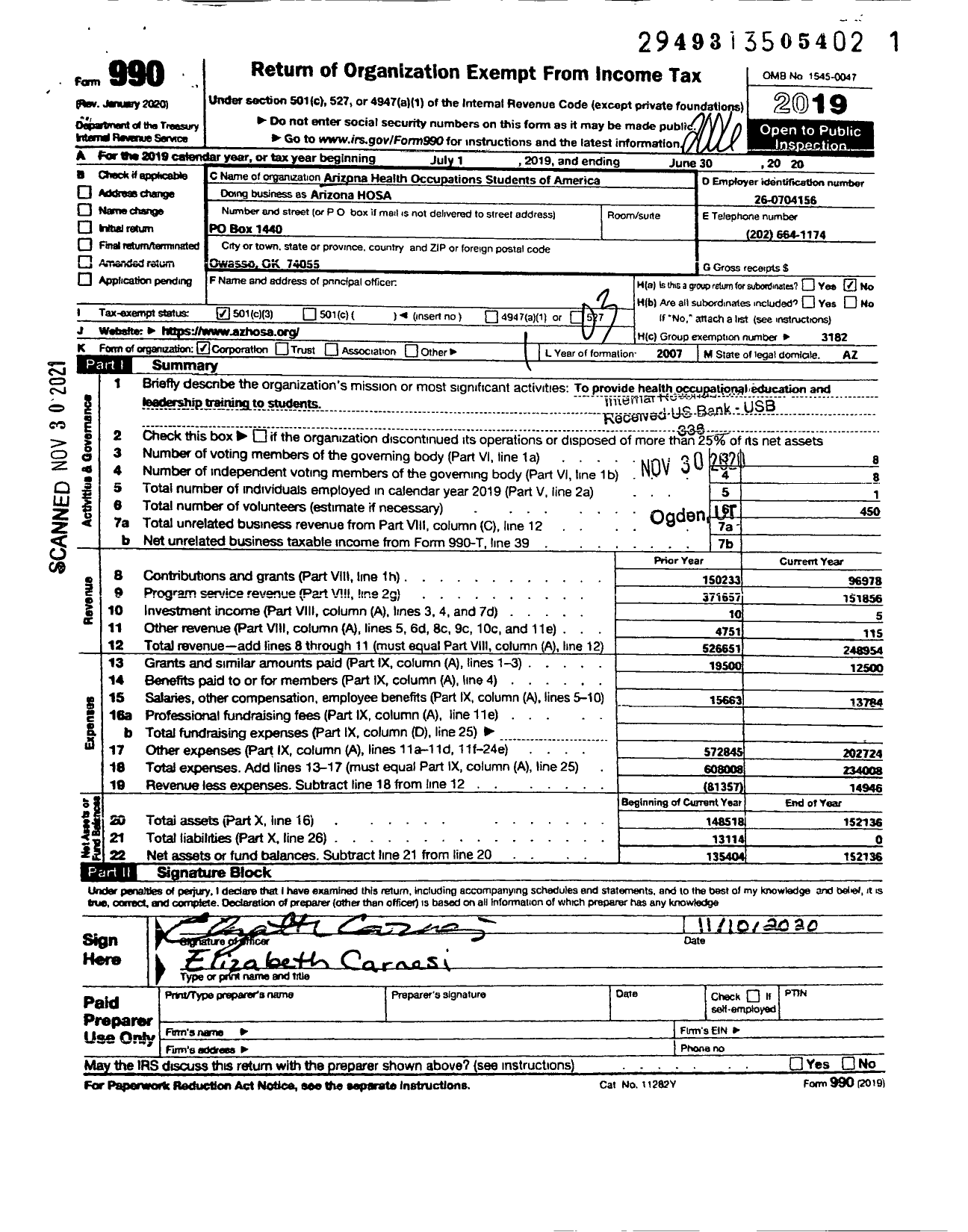 Image of first page of 2019 Form 990 for Arizona Hosa