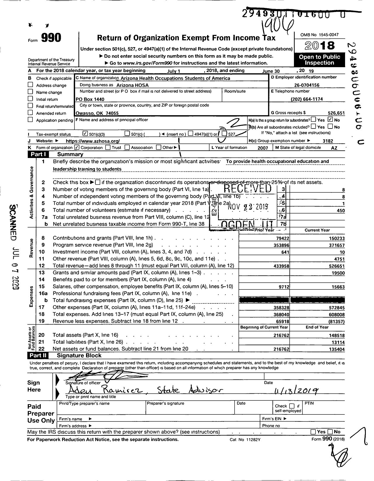 Image of first page of 2018 Form 990 for Arizona Hosa