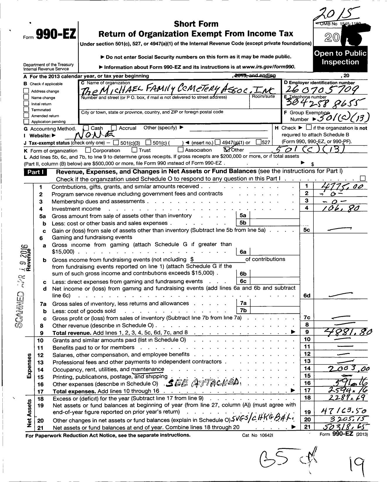 Image of first page of 2015 Form 990EO for Michael Family Cemetery Association