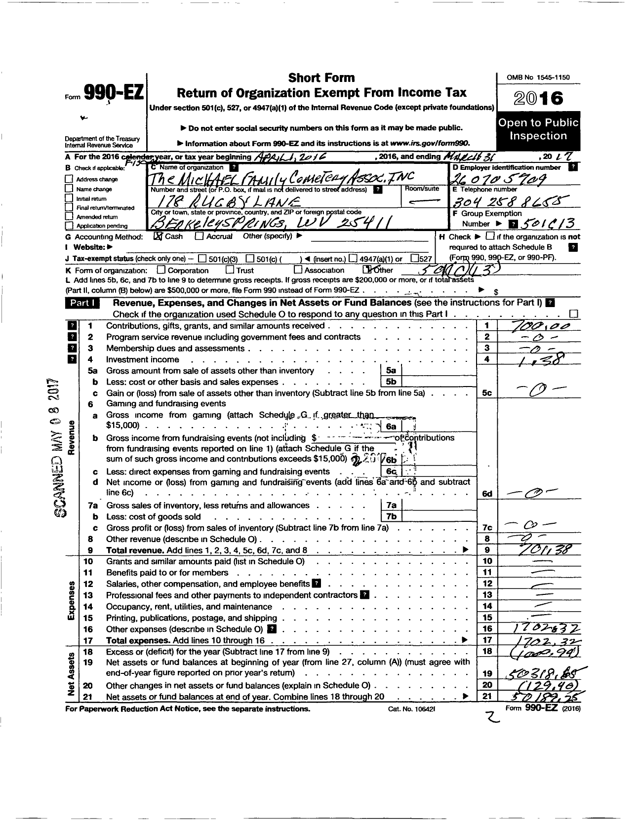 Image of first page of 2016 Form 990EO for Michael Family Cemetery Association