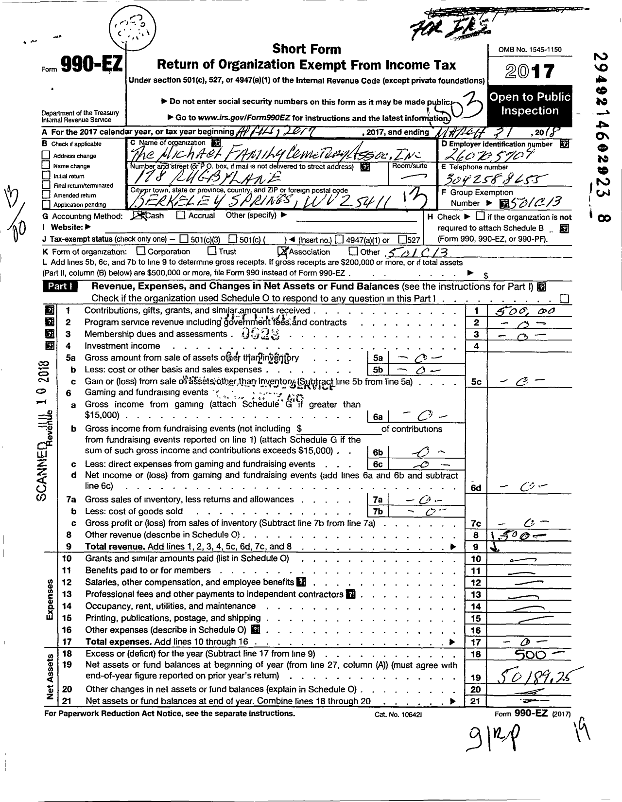 Image of first page of 2014 Form 990EO for Michael Family Cemetery Association