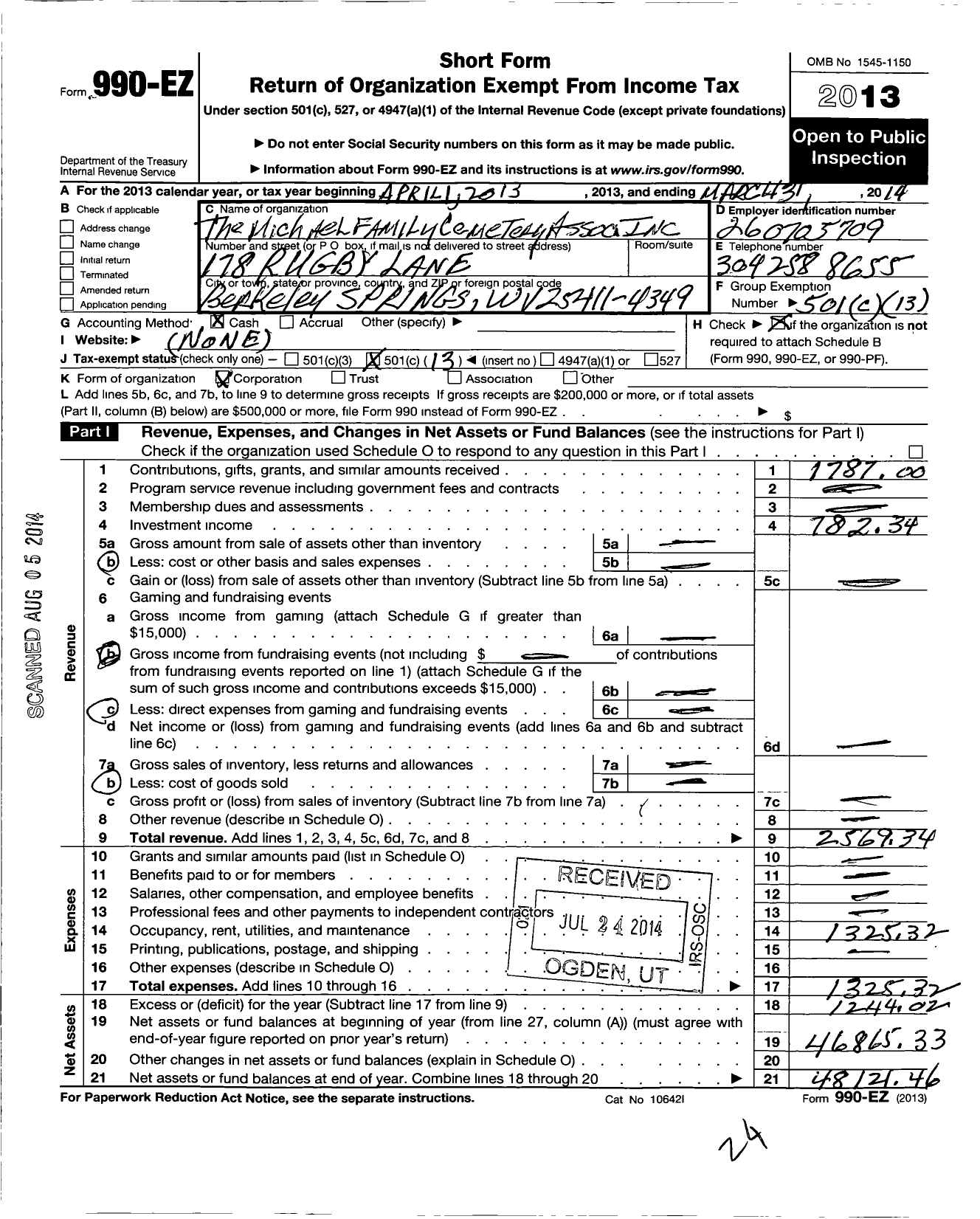 Image of first page of 2013 Form 990EO for Michael Family Cemetery Association