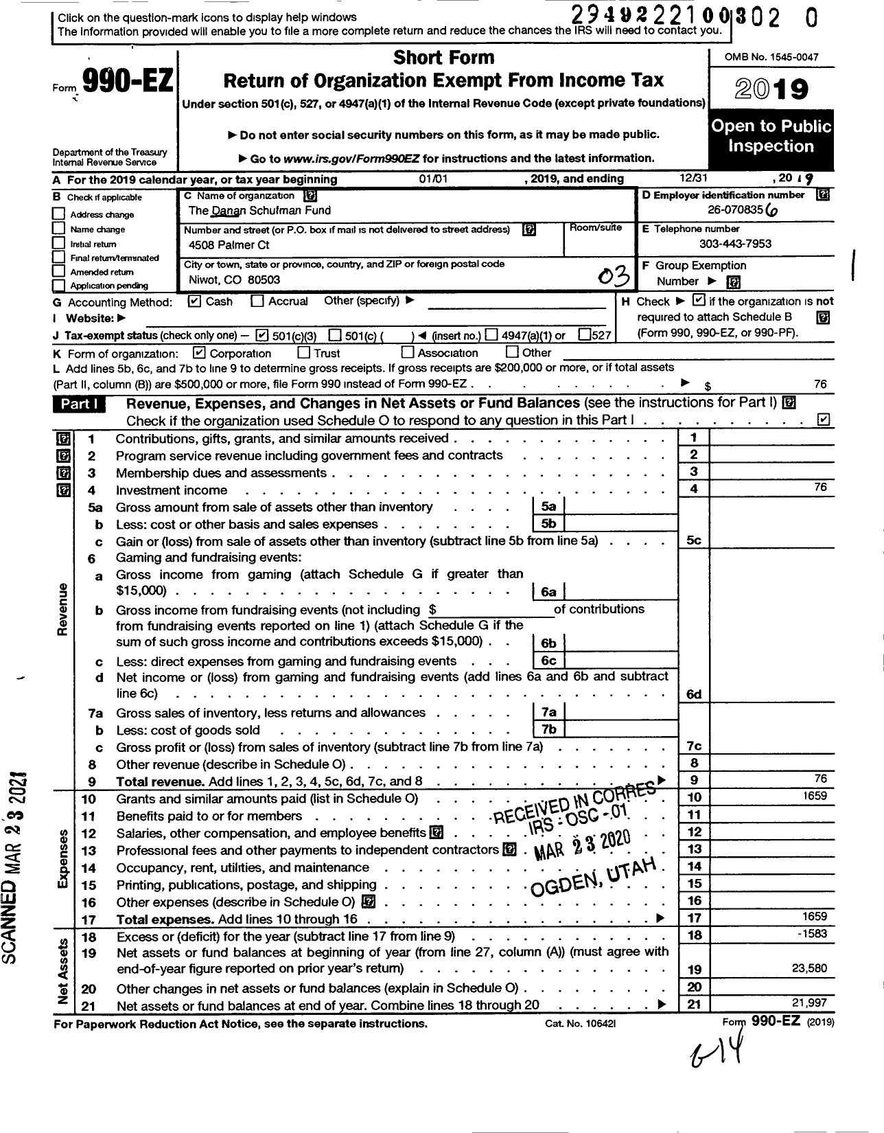 Image of first page of 2019 Form 990EZ for The Danan Schufman Scholarship Fund