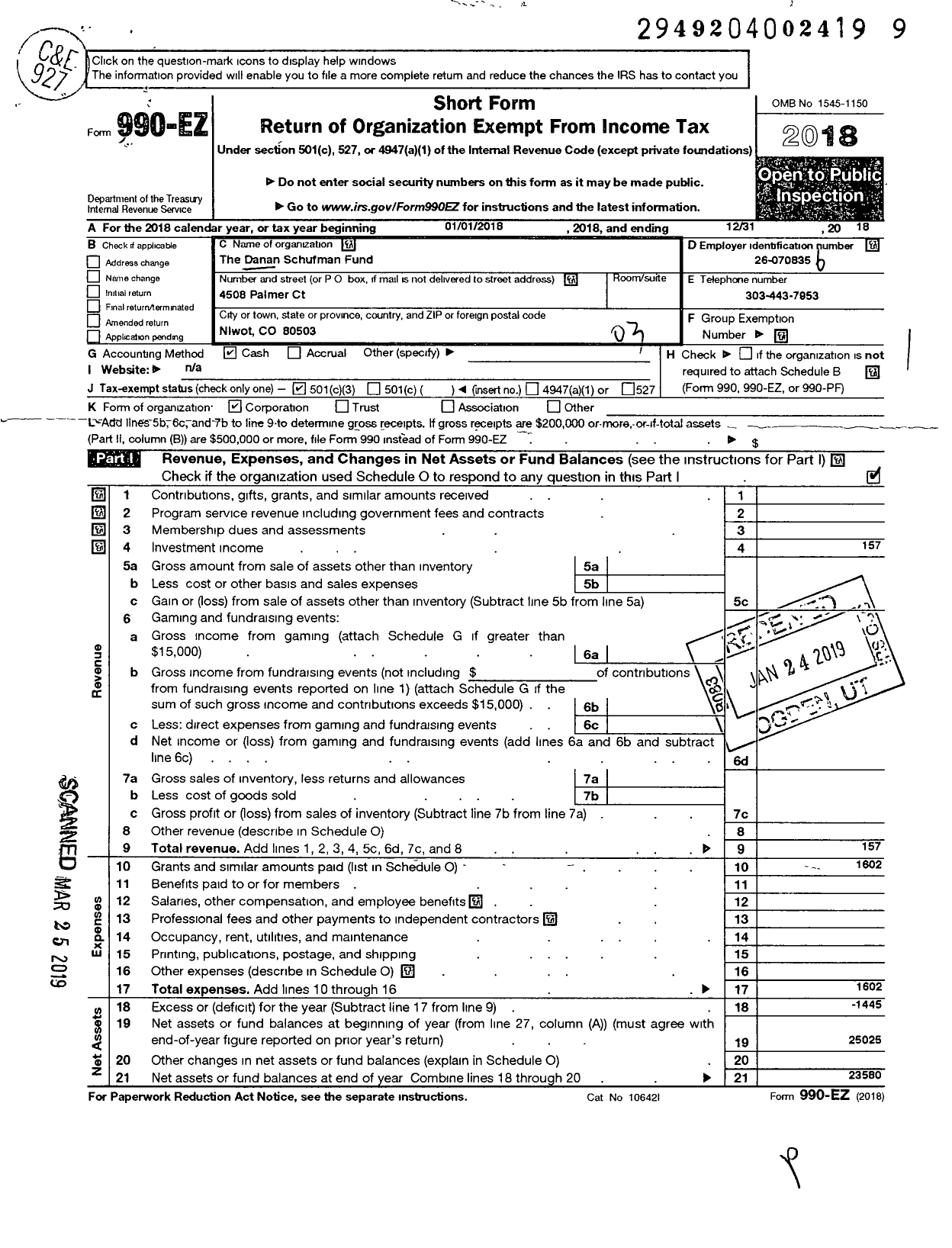 Image of first page of 2018 Form 990EZ for The Danan Schufman Scholarship Fund