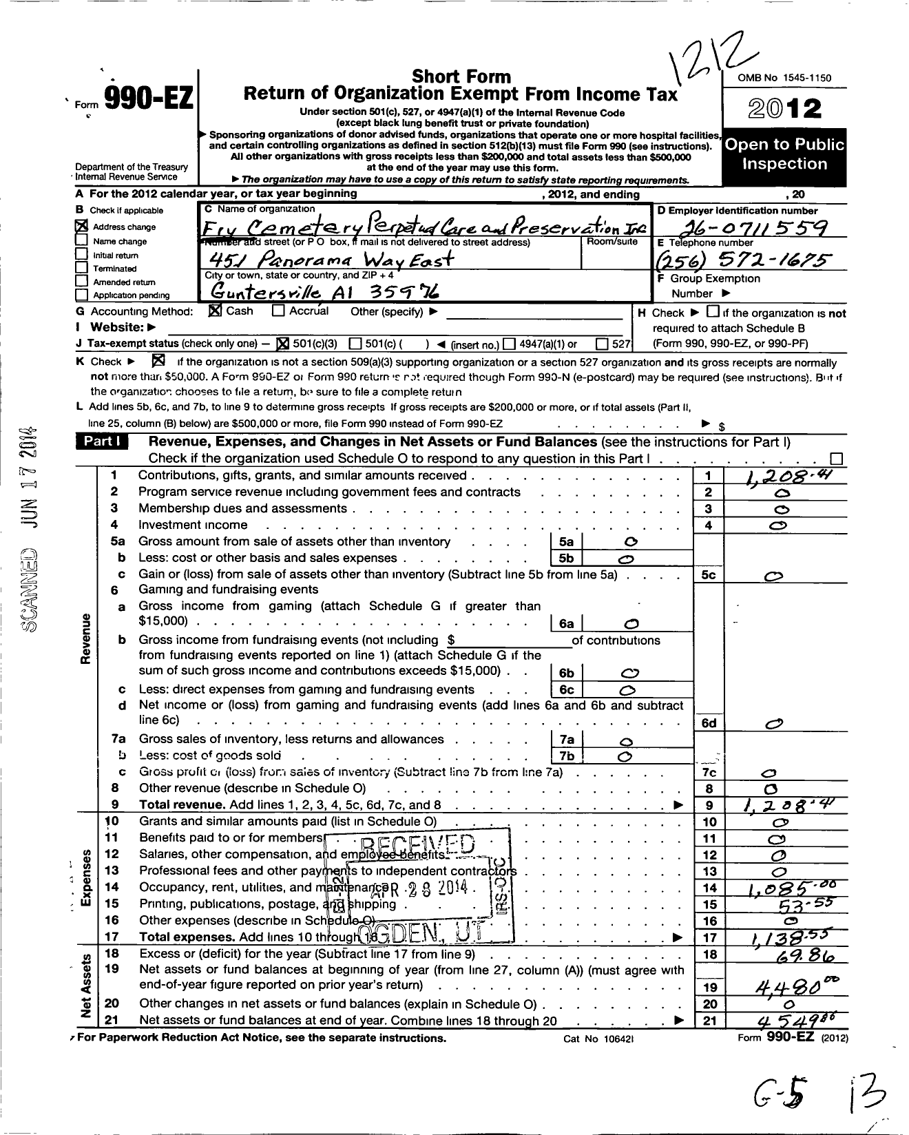 Image of first page of 2012 Form 990EZ for Fry Cemetery Perpetual Care and Preservation