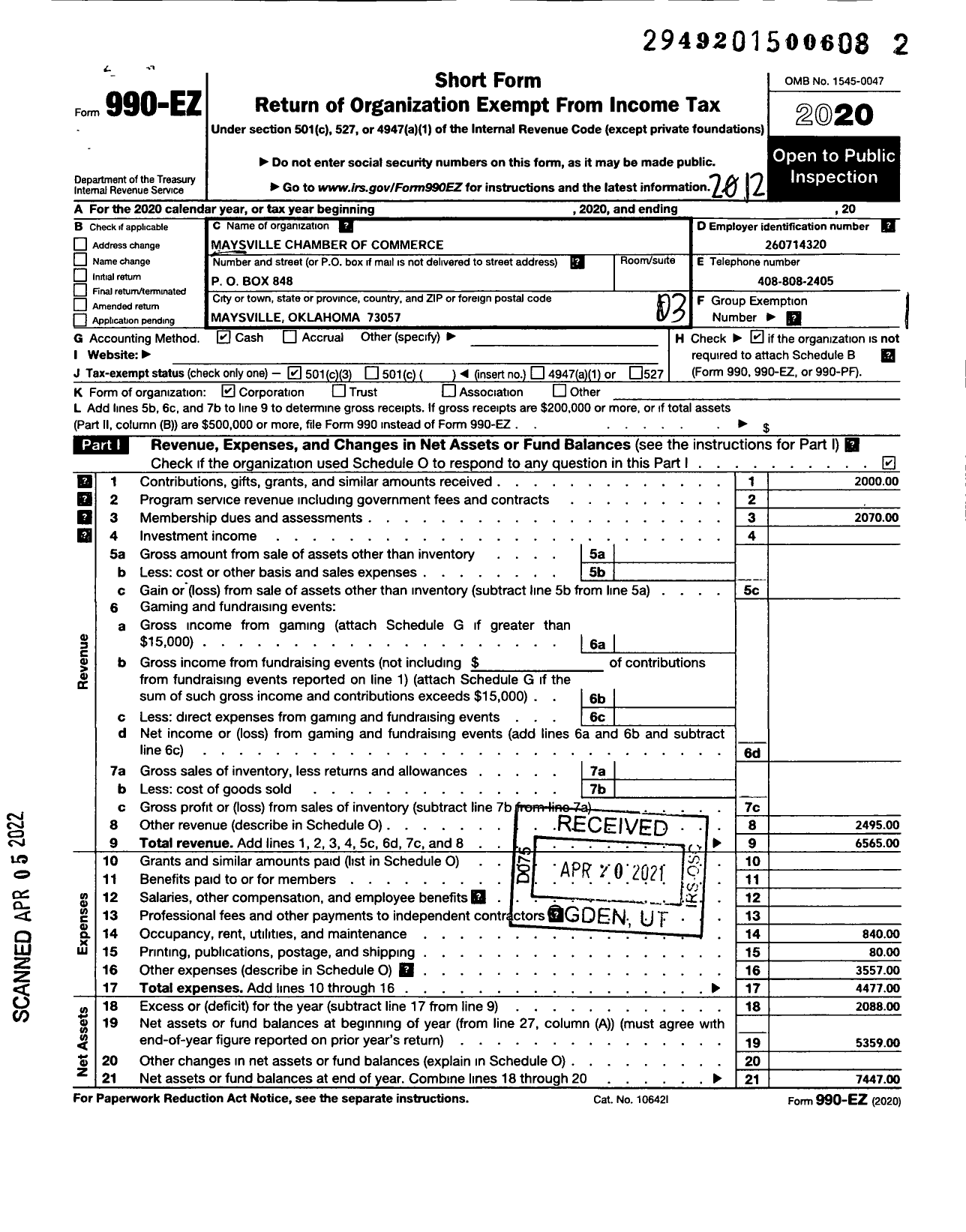 Image of first page of 2020 Form 990EZ for Maysville Chamber of Commerce