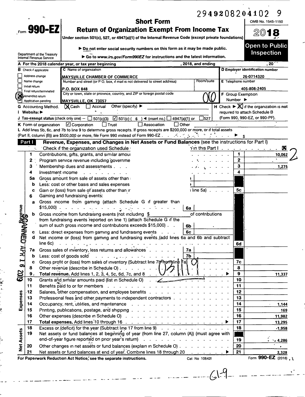 Image of first page of 2018 Form 990EO for Maysville Chamber of Commerce