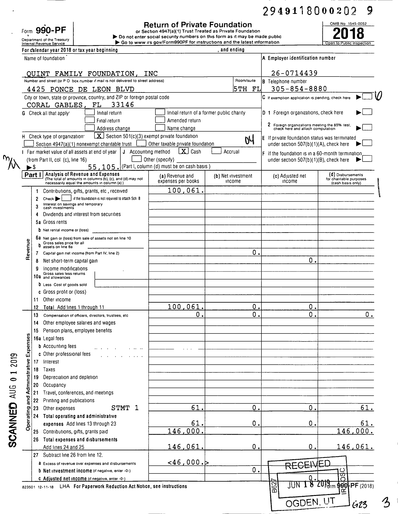 Image of first page of 2018 Form 990PF for Quint Family Foundation