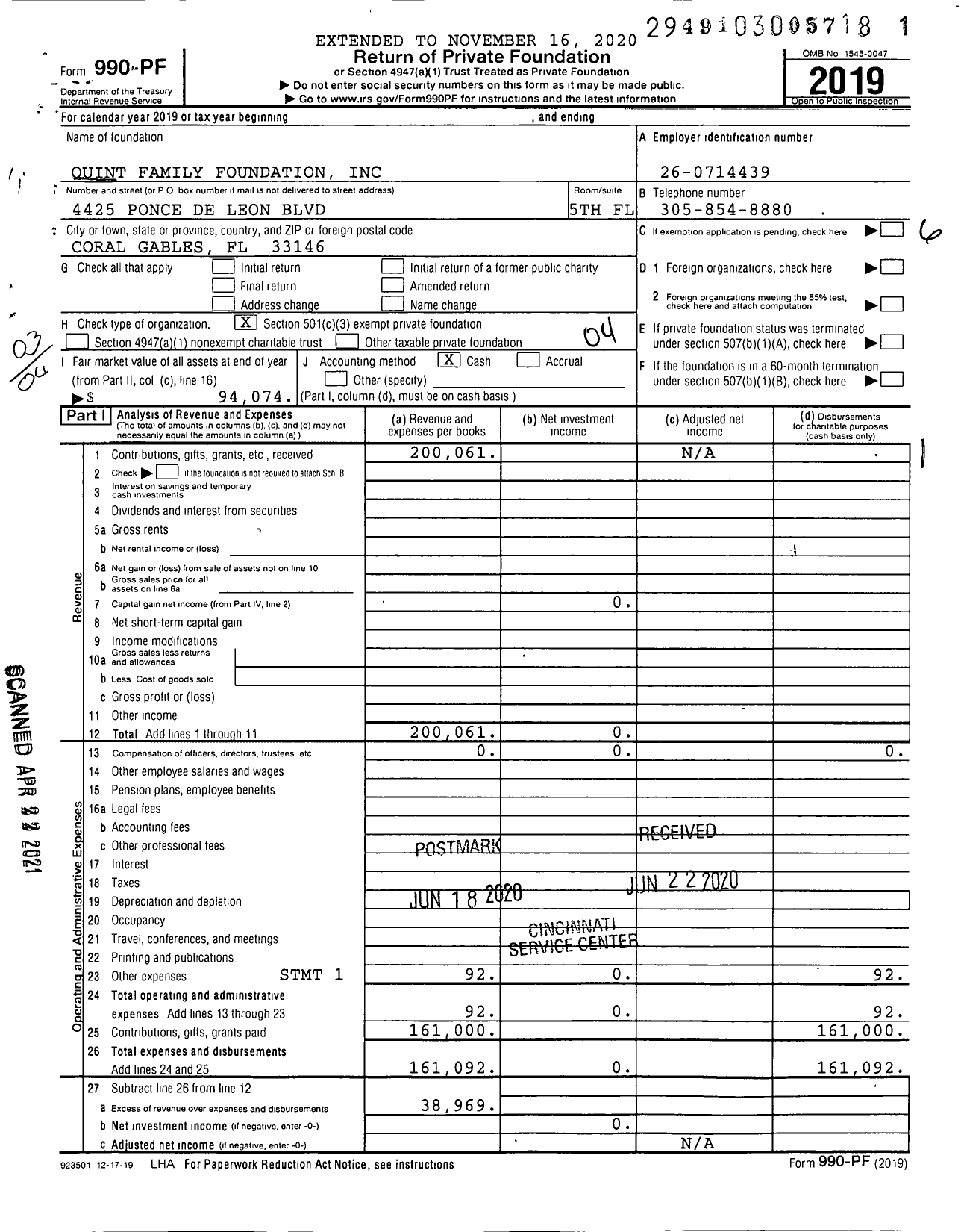 Image of first page of 2019 Form 990PF for Quint Family Foundation