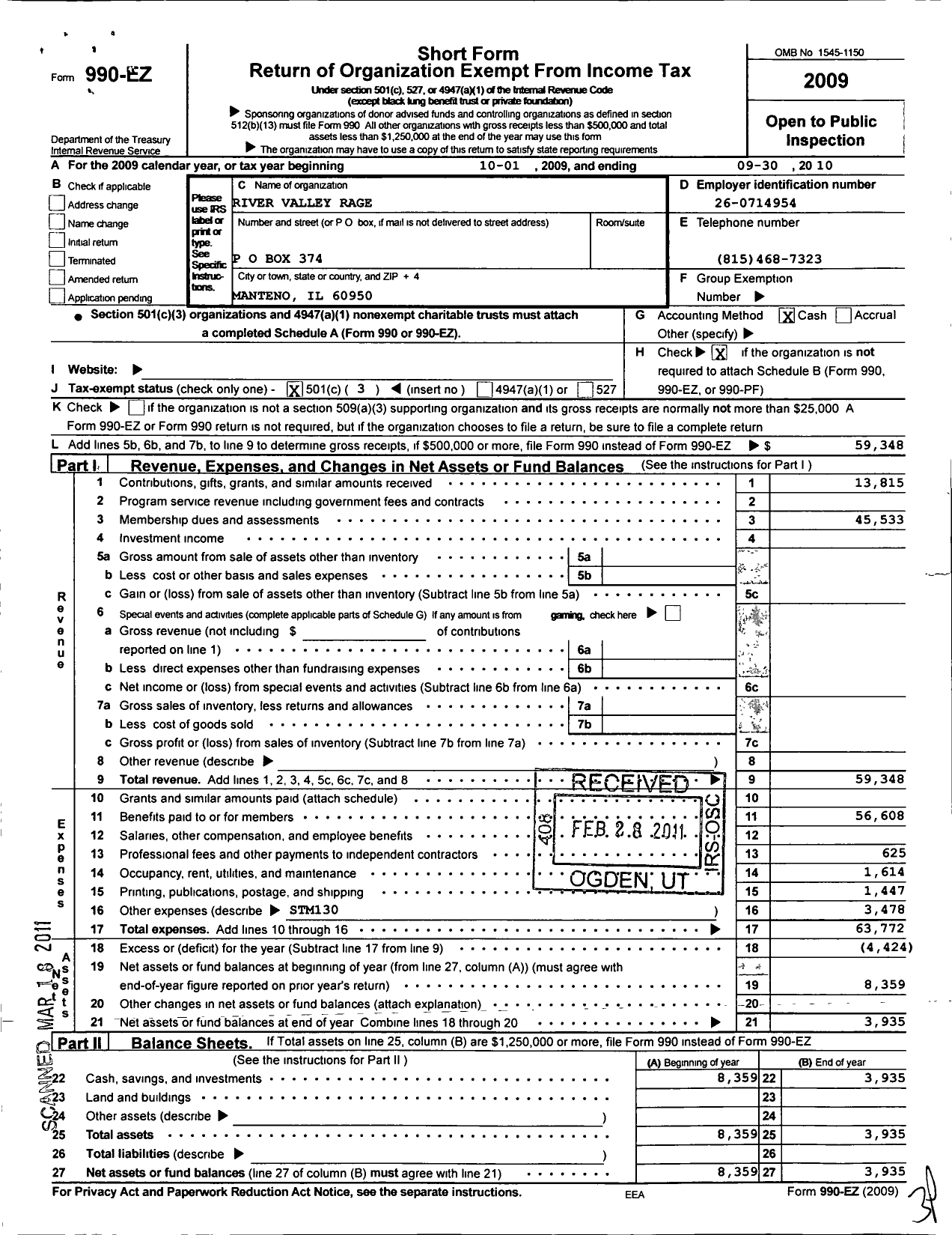 Image of first page of 2009 Form 990EZ for River Valley Rage