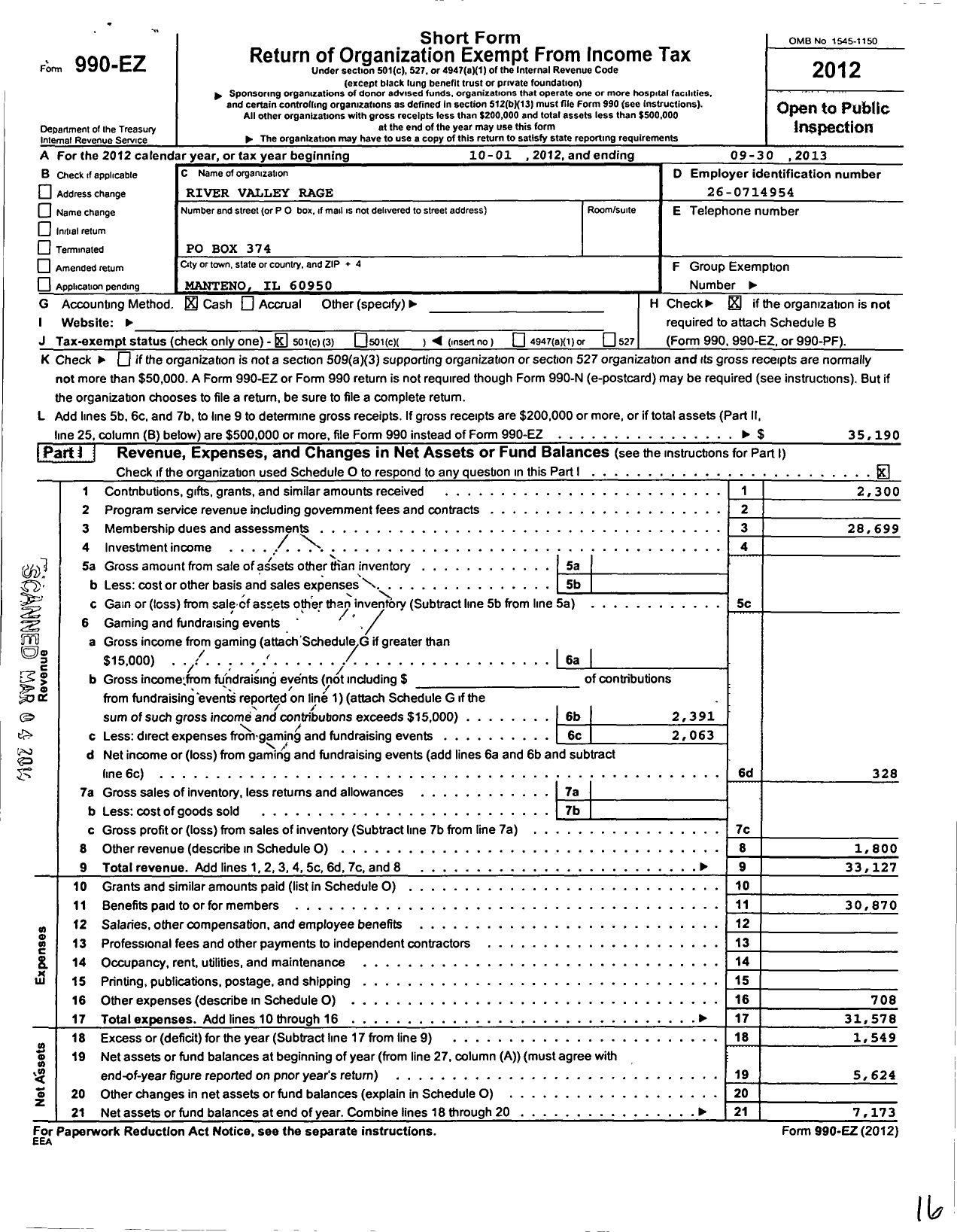 Image of first page of 2012 Form 990EZ for River Valley Rage