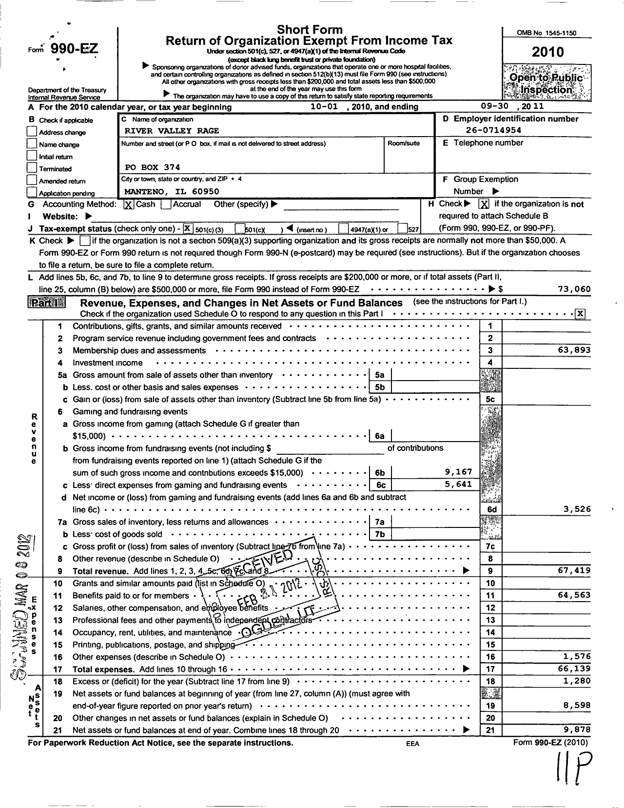 Image of first page of 2010 Form 990EZ for River Valley Rage