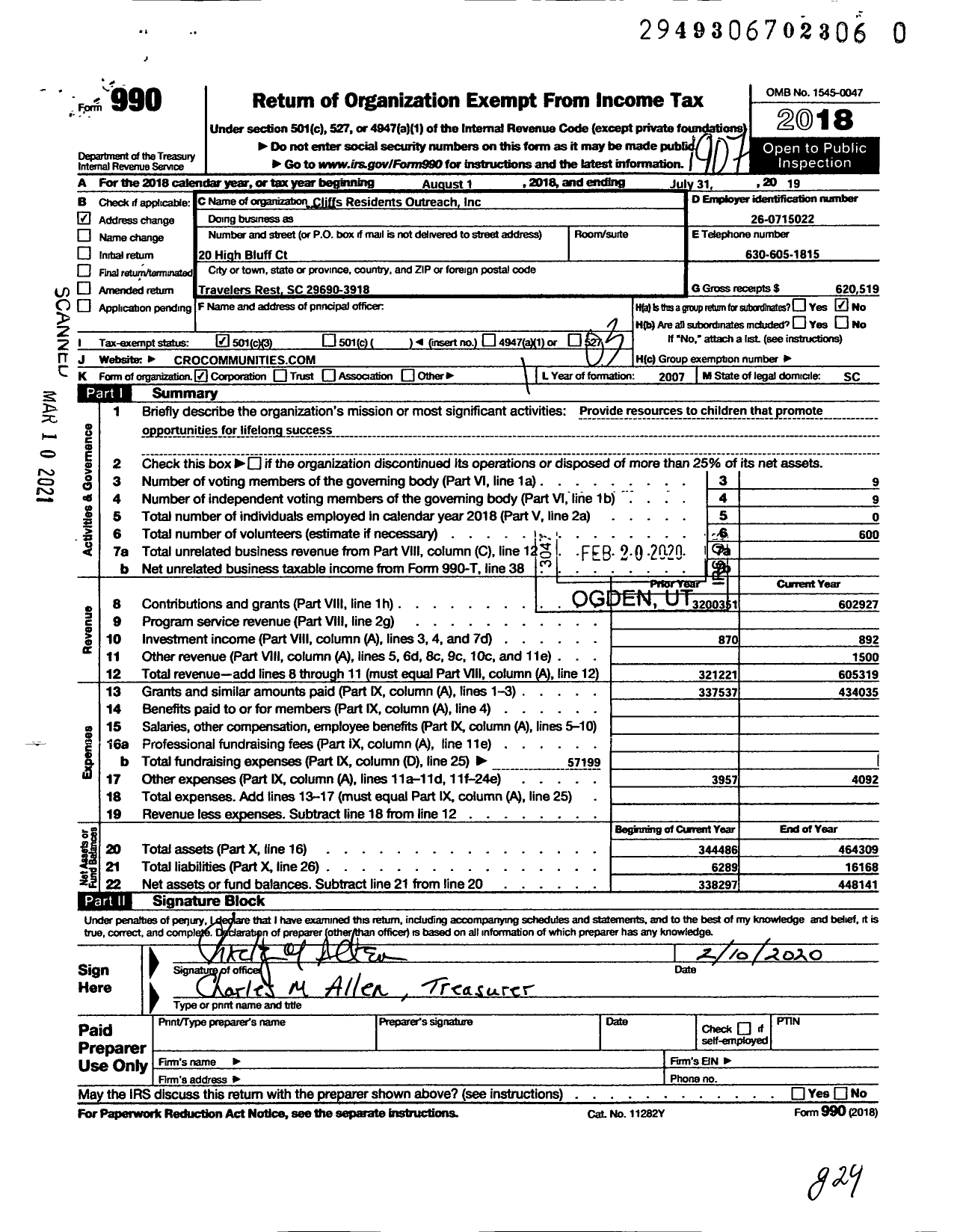 Image of first page of 2018 Form 990 for Cliffs Residents Outreach