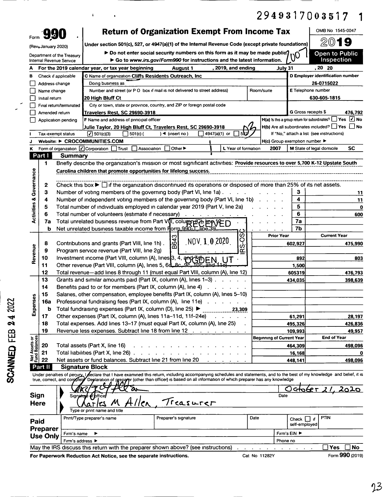 Image of first page of 2019 Form 990 for Cliffs Residents Outreach