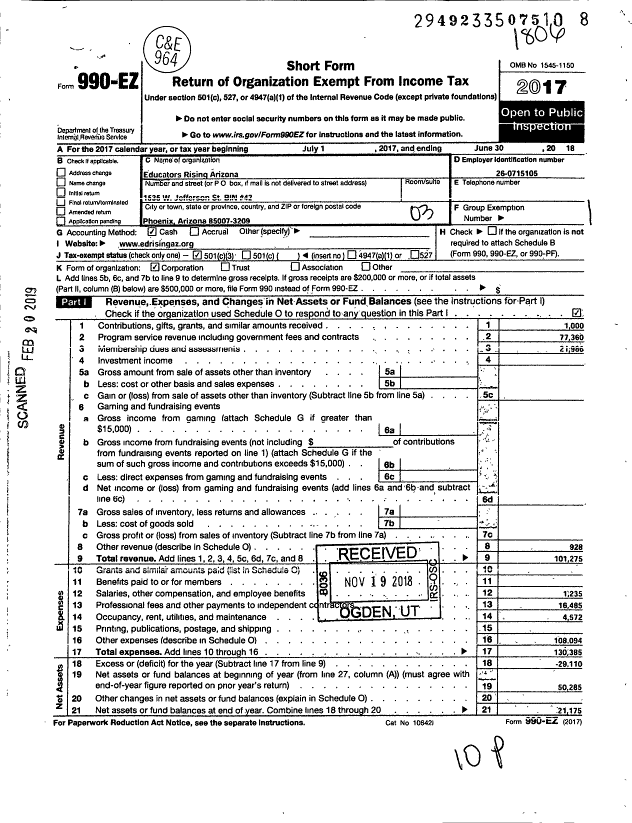 Image of first page of 2017 Form 990EZ for Educators Rising Arizona