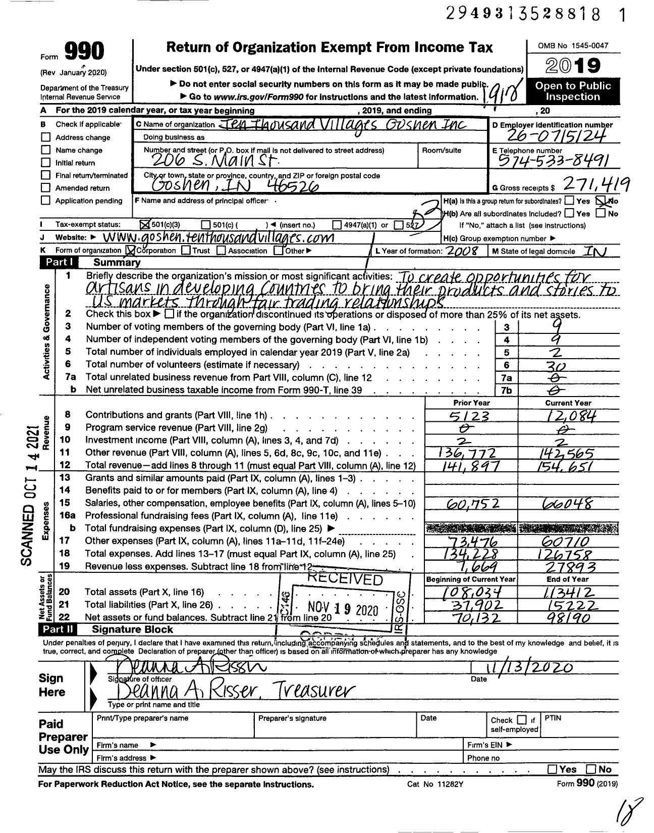 Image of first page of 2019 Form 990 for Ten Thousand Villages Goshen