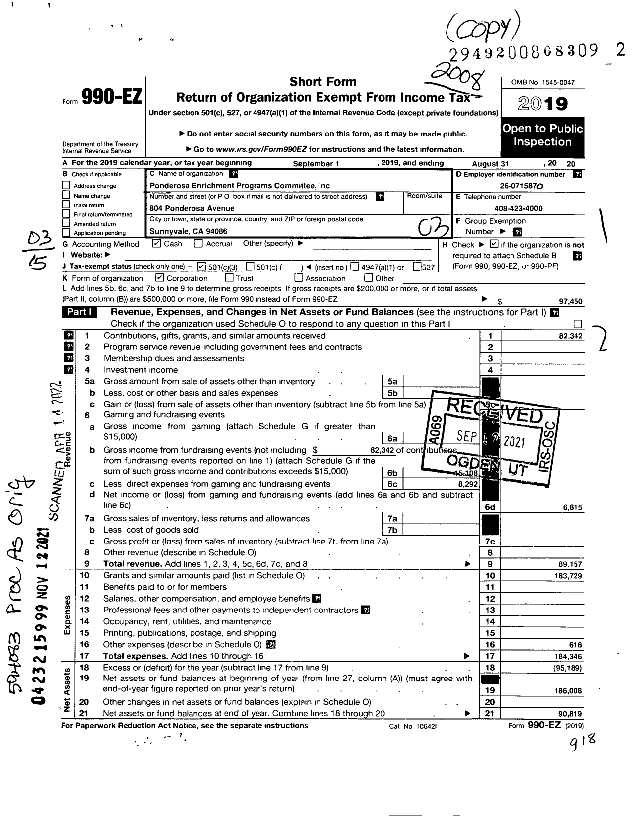 Image of first page of 2019 Form 990EZ for Ponderosa Enrichment Programs Committee