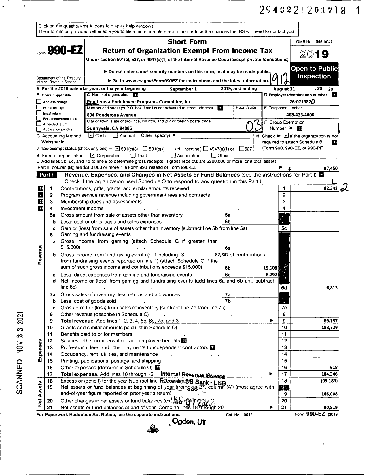 Image of first page of 2019 Form 990EZ for Ponderosa Enrichment Programs Committee