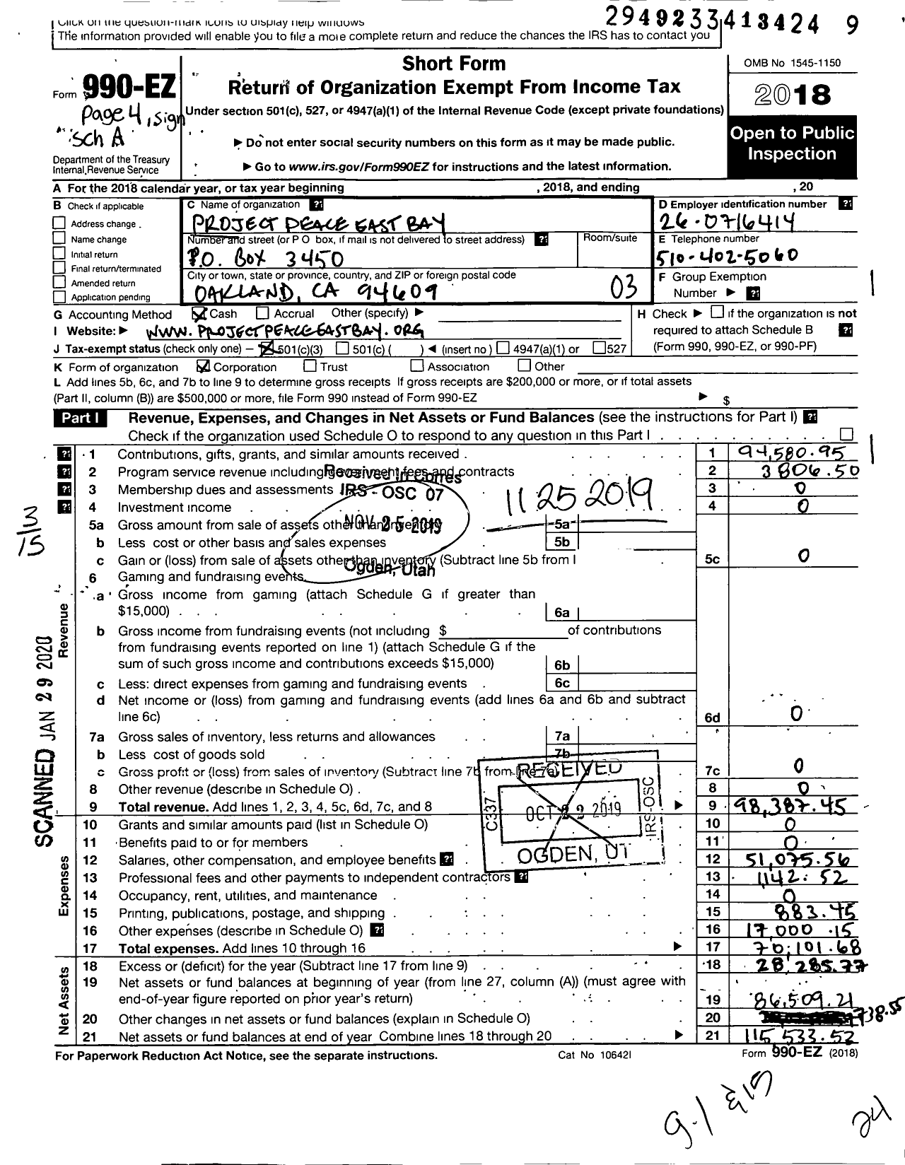 Image of first page of 2018 Form 990EZ for Project Peace East Bay